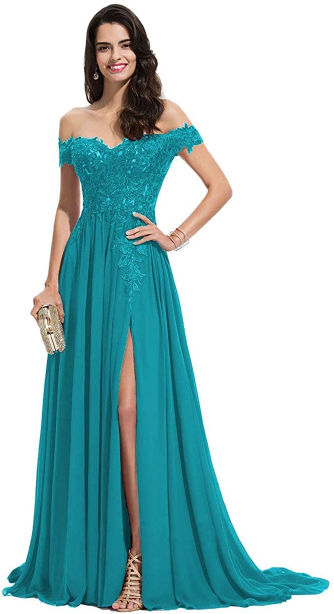 Elegant Off Shoulder Lace Prom Dress with High Slit - Long Chiffon Formal Gown for Women | Perfect for Evening Parties, Weddings & Special Occasions
