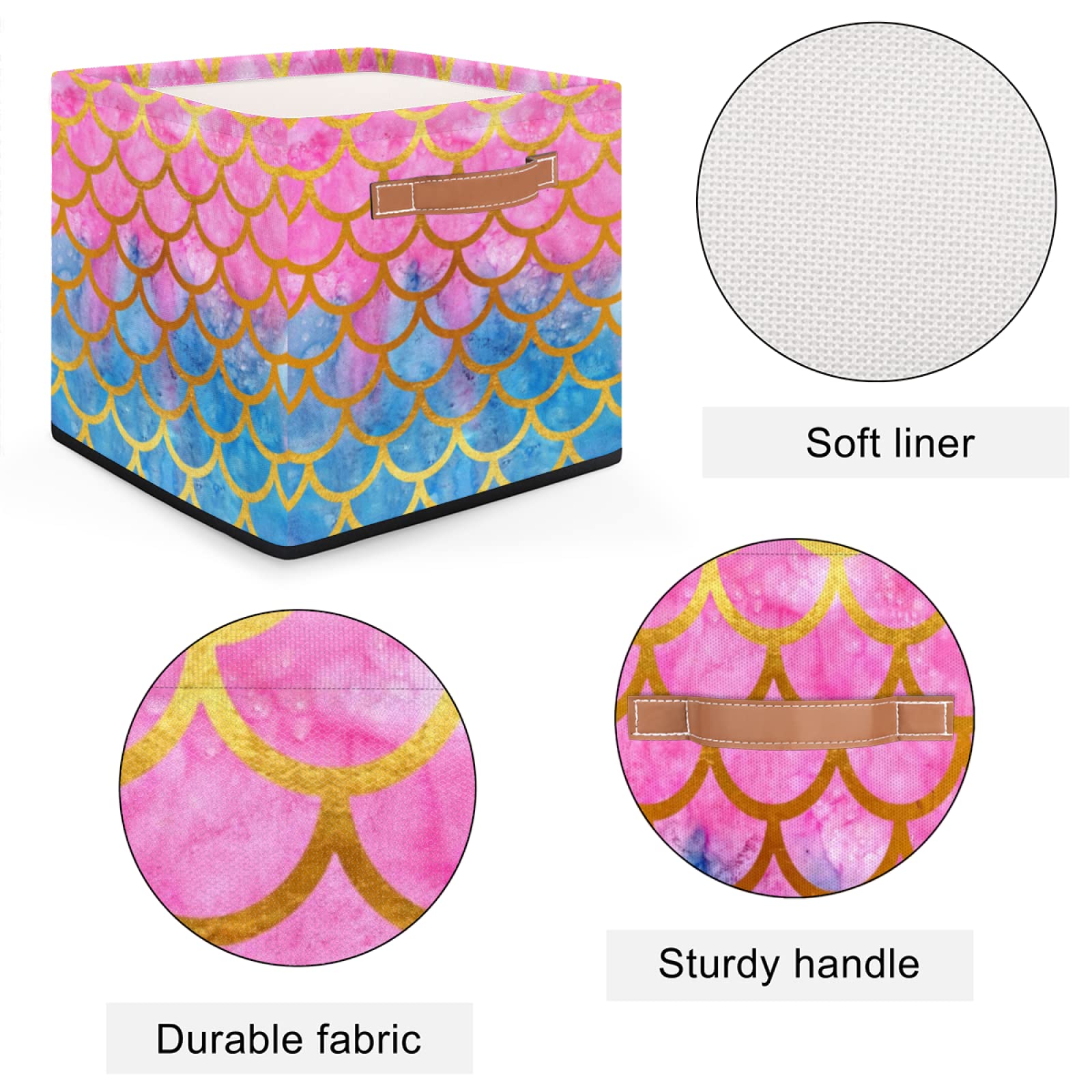AUUXVA Large 13x13In Collapsible Storage Cube Bin with Handles - Pink Blue Mermaid Scales Fabric Storage Basket for Closet, Shelves, Nursery, Toys | Home Organization Solution for Bedroom, Playroom & Office