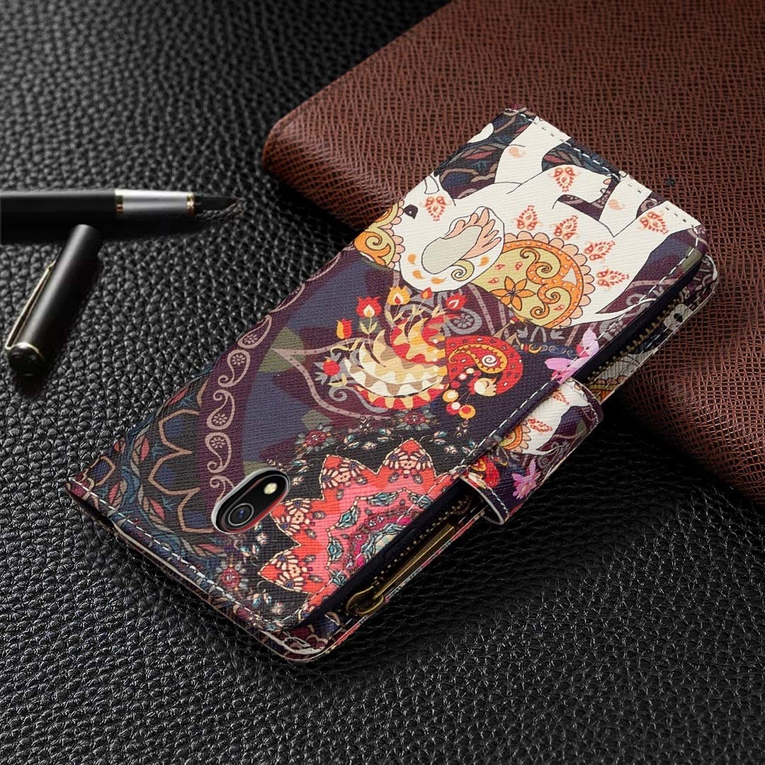 Premium Leather Flip Wallet Case for Xiaomi Redmi 8A - Stylish Zipper Design with Card Slots & Holder (Flower Elephants Pattern) | Perfect for Daily Use, Travel & Business Meetings