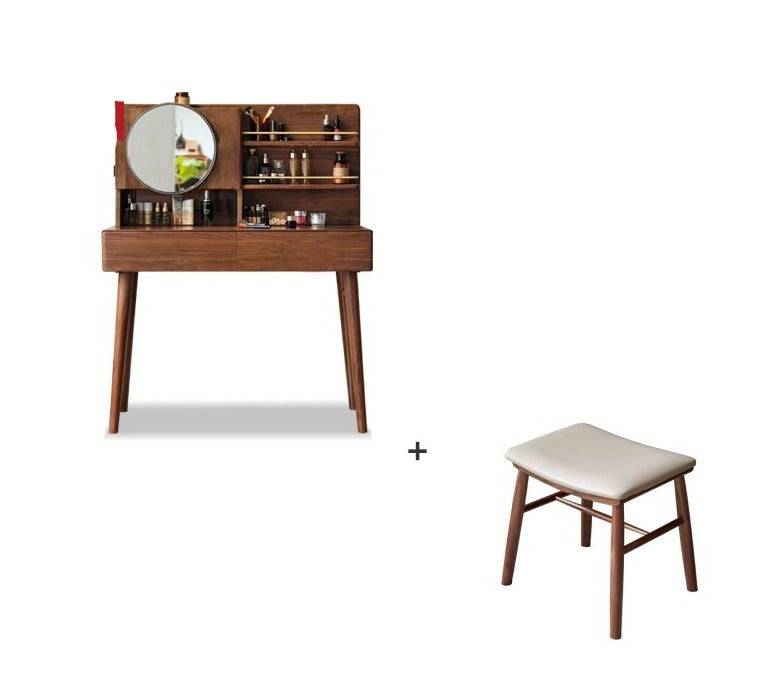 Black Walnut Solid Wood Moon Makeup Mirror Vanity Dressing Table - Elegant Bedroom & Bathroom Decor for Women