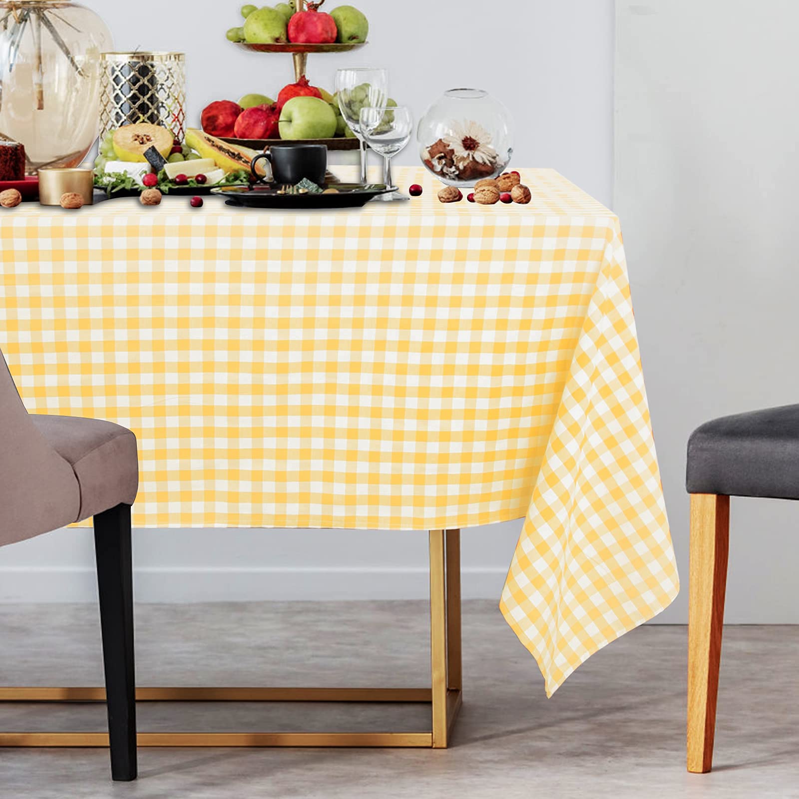 Partisout Yellow Checkered Tablecloth 56x84 Inch - Wrinkle Resistant Buffalo Plaid Rectangular Table Cover for Indoor & Outdoor Use - Perfect for Christmas, Kitchen, Parties, Picnics, and Dining Decor