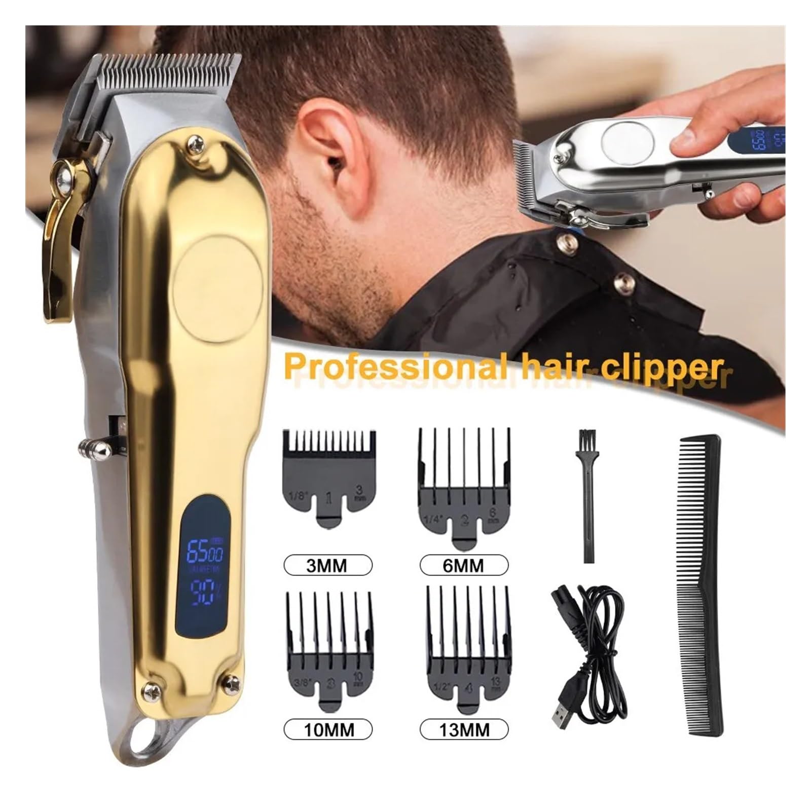 Professional Electric Hair Clipper for Men - Rechargeable USB Metal Hair Trimmer & Shaver with Gold Finish | Barber-Grade Cutting Machine for Home & Salon Use