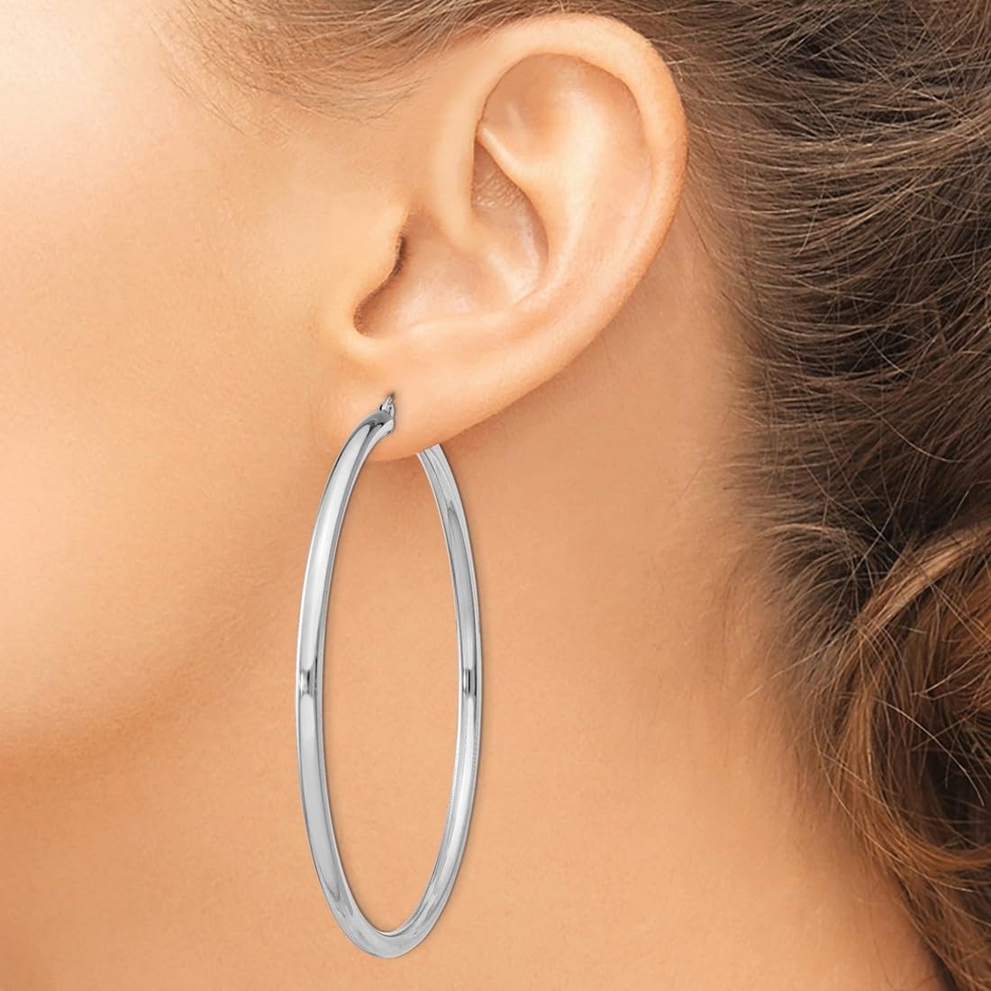 925 Sterling Silver Hollow Tube Hinged Post 3mm Round Hoop Earrings for Women - 67x65mm Wide, 3mm Thick Polished Hoops | Everyday Wear, Gift, Party & Special Occasions