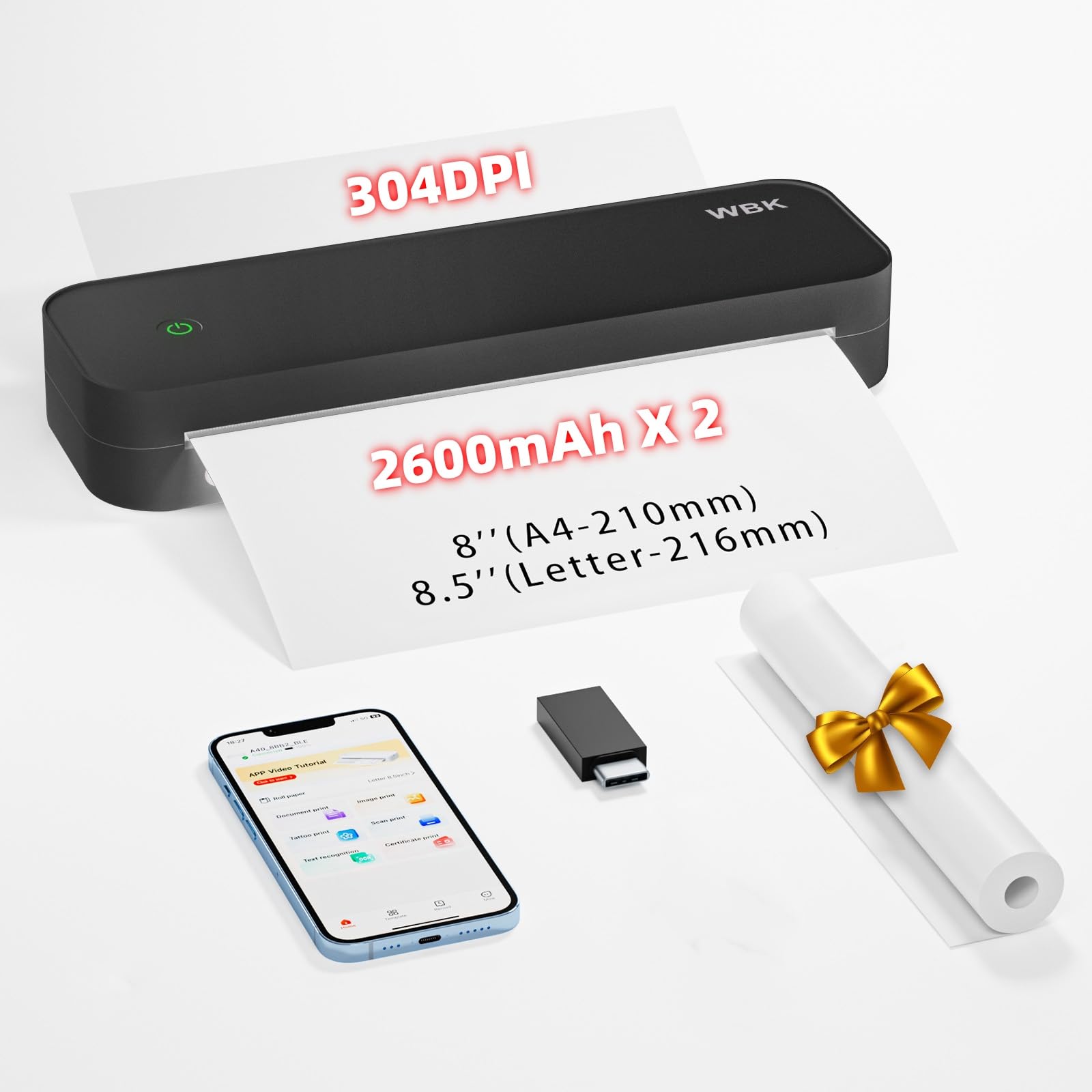 WBK® Wireless Portable Thermal Printer for Travel - Bluetooth Mini Printer Compatible with Android, Supports 8.5