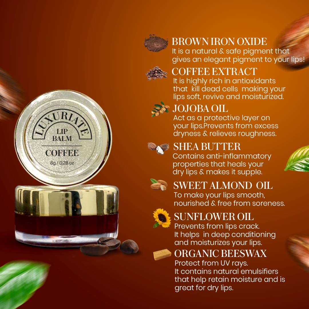 Organic LUXURIATE Coffee Lip Balm - Paraben & Sulfate Free Lip Gloss for Dry & Chapped Lips Care - 8g Moisturizing Lip Treatment for Men & Women - Perfect for Winter Skincare & Daily Hydration