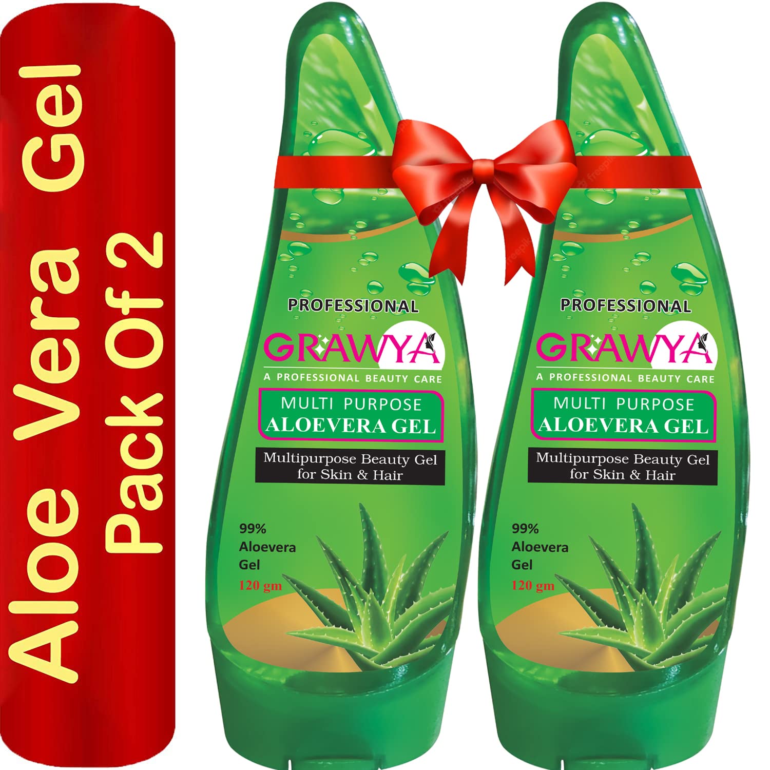 Organic Grawya Pure Aloe Vera Gel for Face, Skin & Hair Care - 120ml (Pack of 2) - Hydrating Moisturizer for Sunburn Relief, Acne Treatment & Hair Growth - Perfect for Daily Skincare Routine & After Sun Care