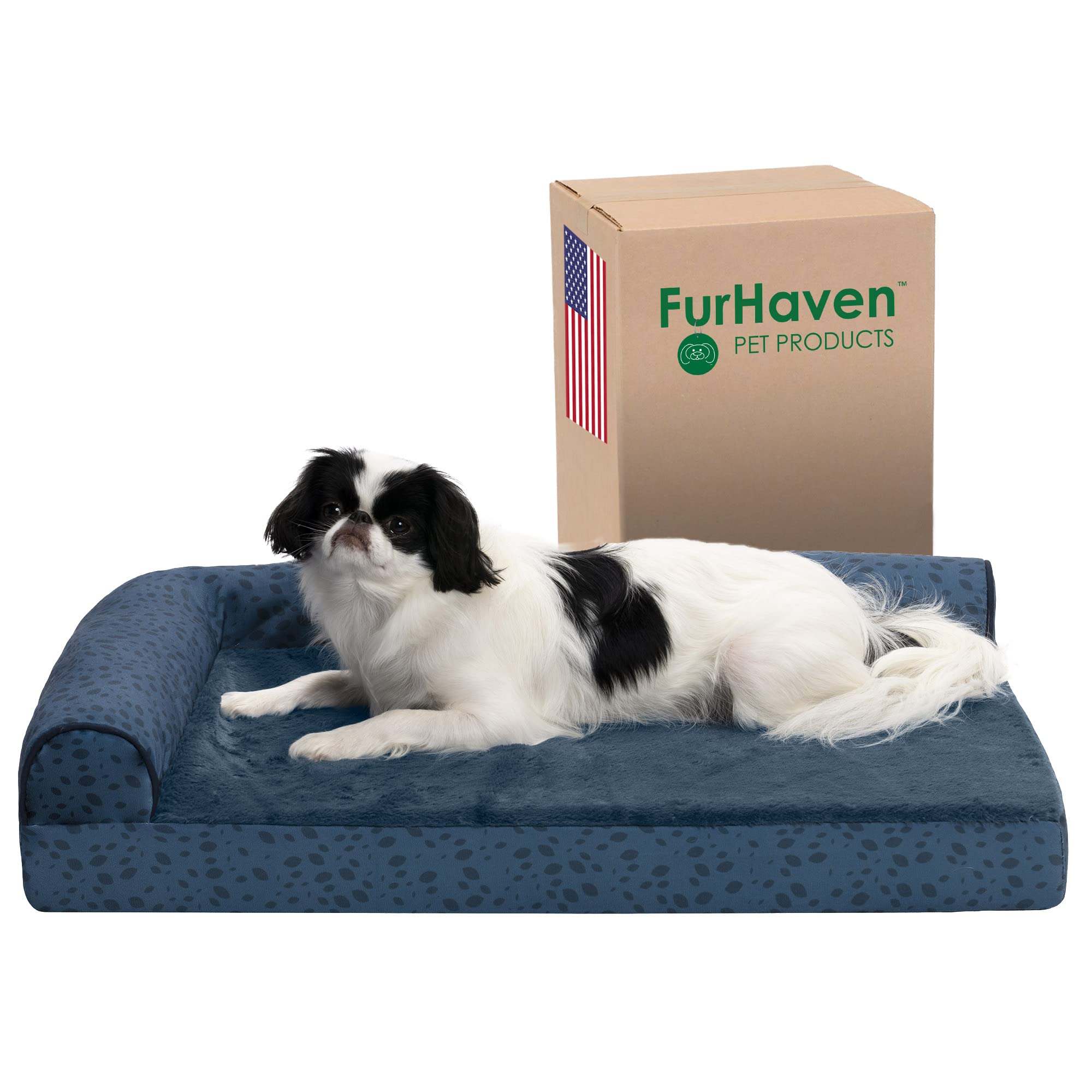 Furhaven Orthopedic Dog Bed for Small & Medium Dogs - Plush & Almond Print L-Shaped Chaise with Removable Bolsters & Washable Cover - Supports Up to 35 lbs - Blue Almonds (Medium) - Perfect for Crate Training, Arthritis Relief & Cozy Napping Spots