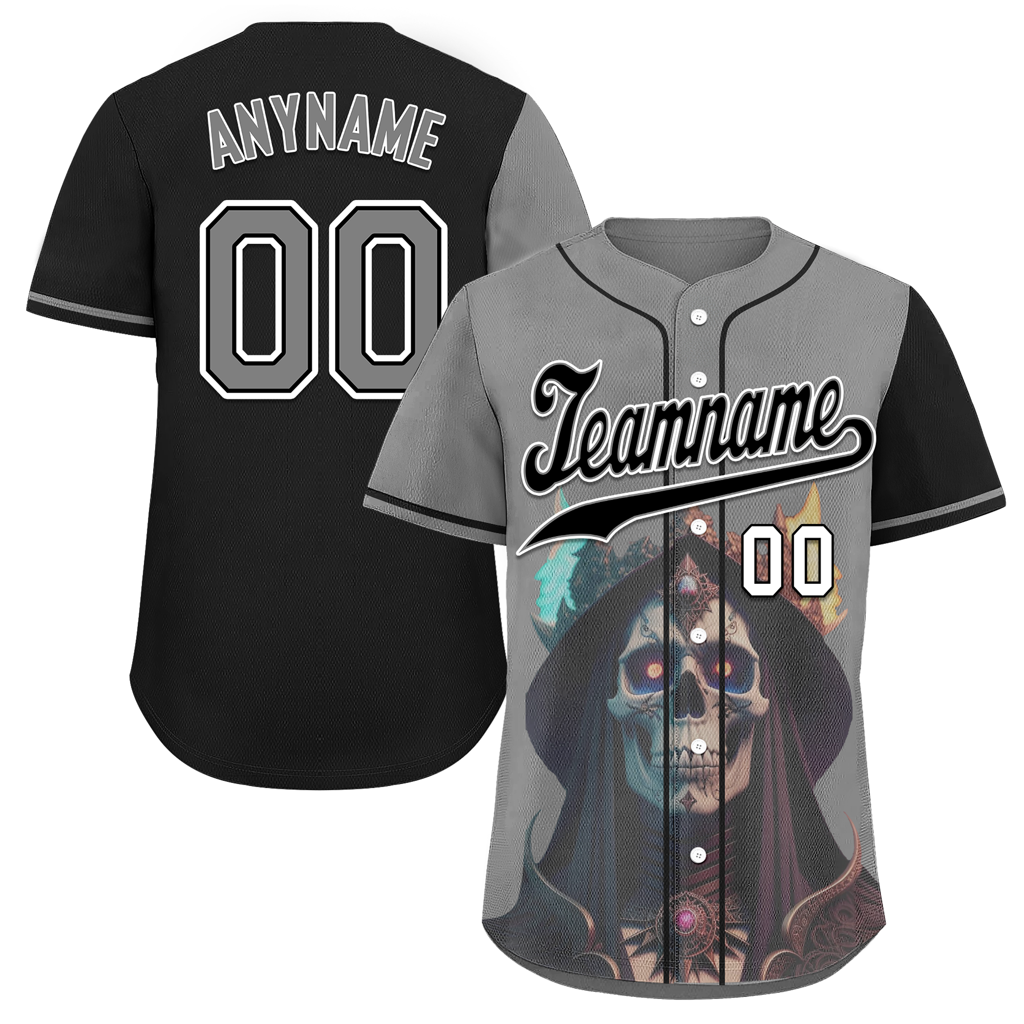 Custom Gray & Black Skull Print Personalized Baseball Jersey - Authentic Sports Apparel for Men | Perfect for Halloween Costumes, Baseball Games & Streetwear Fashion (BSBJ01 D017160)