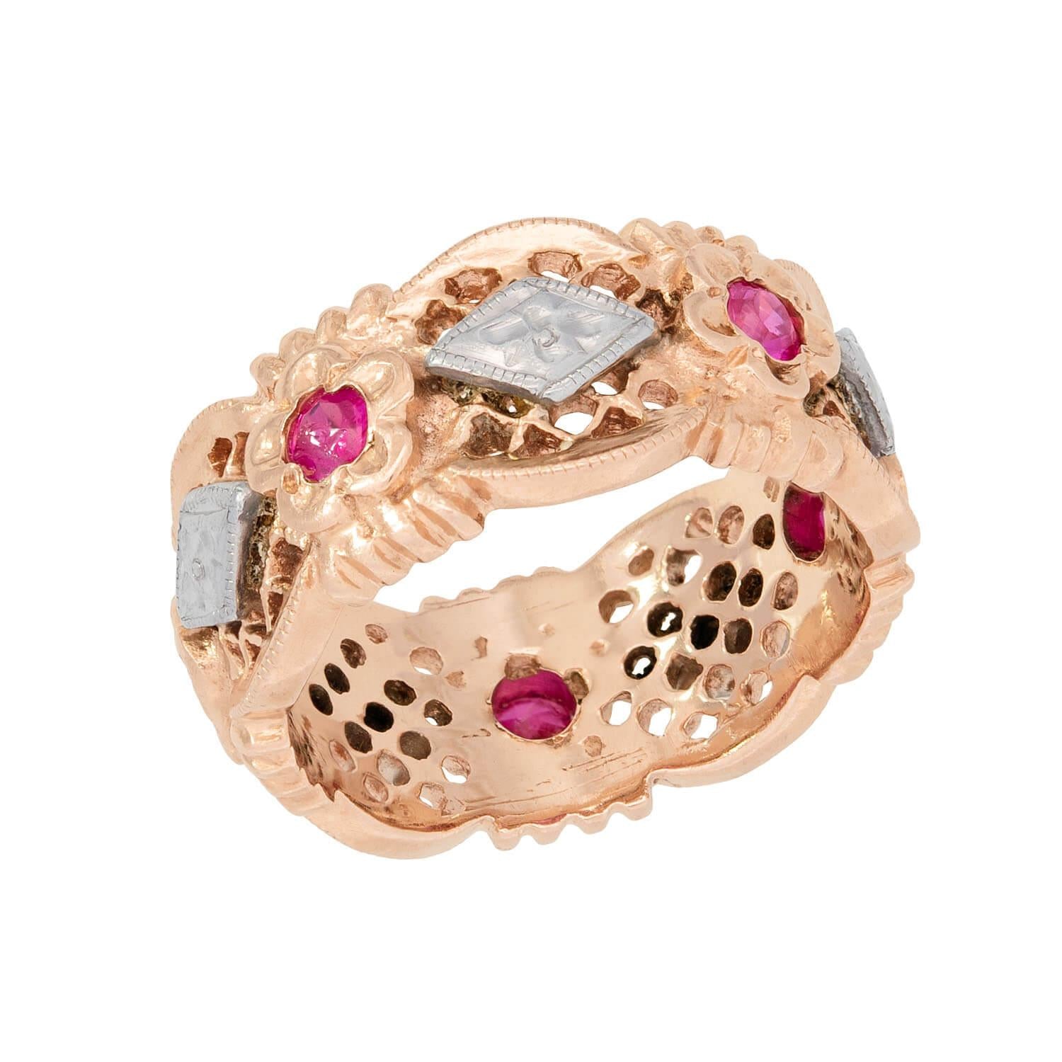14K Gold Mixed Metal Ruby Floral Motif Band Ring - Vintage Inspired Jewelry for Women, Perfect for Weddings, Anniversaries & Special Occasions