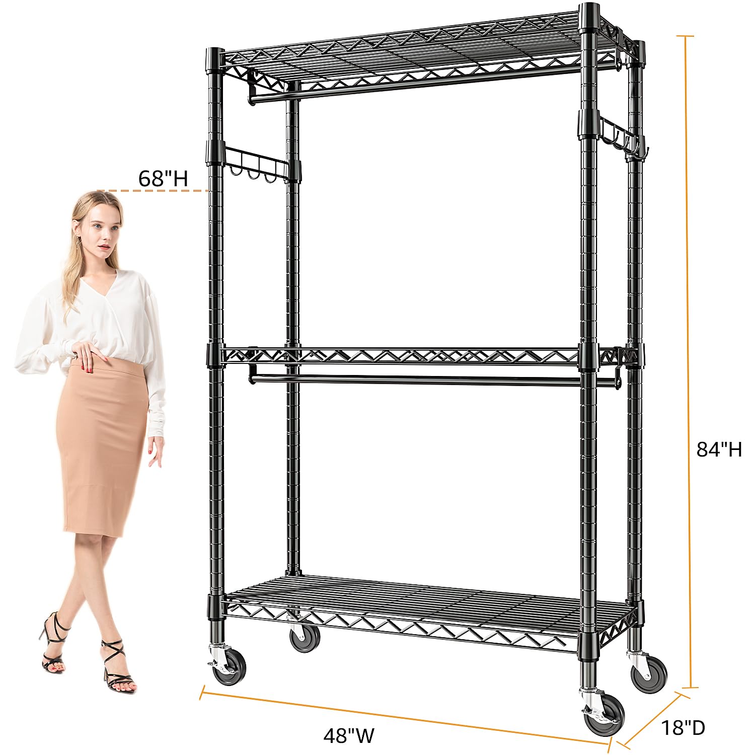 MZG Heavy Duty Rolling Garment Rack - 3-Tier Adjustable Wire Shelving Clothes Organizer with 2 Hanging Rods & Side Hooks, Mobile Storage Closet with Wheels (Black, 17.7