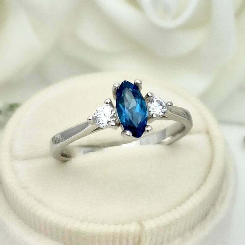 1ct Marquise Cut London Blue Topaz Engagement Ring for Women - 925 Sterling Silver White Gold Plated, Elegant Trilogy Design for Proposals, Anniversaries & Special Occasions
