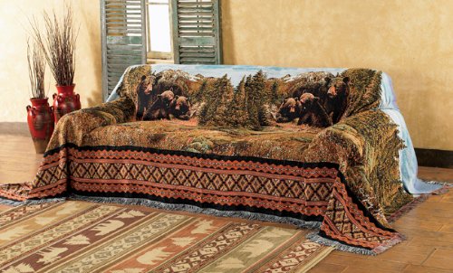 Black Forest Decor Black Bear Family Mountain Themed Sofa Cover - Cozy Wildlife Design for Living Room, Cabin & Lodge Decor