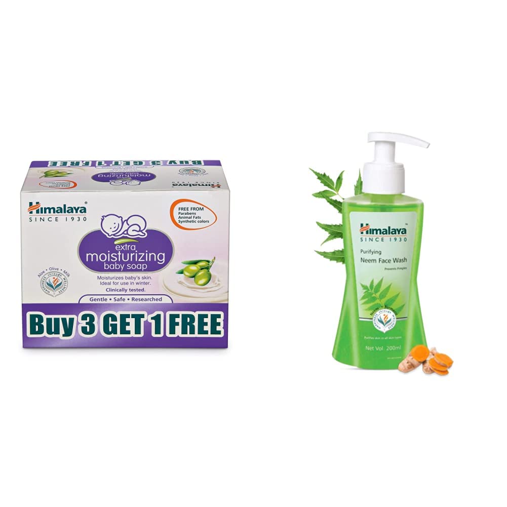 Himalaya Extra Moisturizing Baby Soap (300g) - Buy 3 Get 1 Free (4 x 75g) & Himalaya Herbals Purifying Neem Face Wash (200ml) - Gentle Cleansing for Babies & Acne-Prone Skin - Perfect for Daily Bathing & Skincare Routine