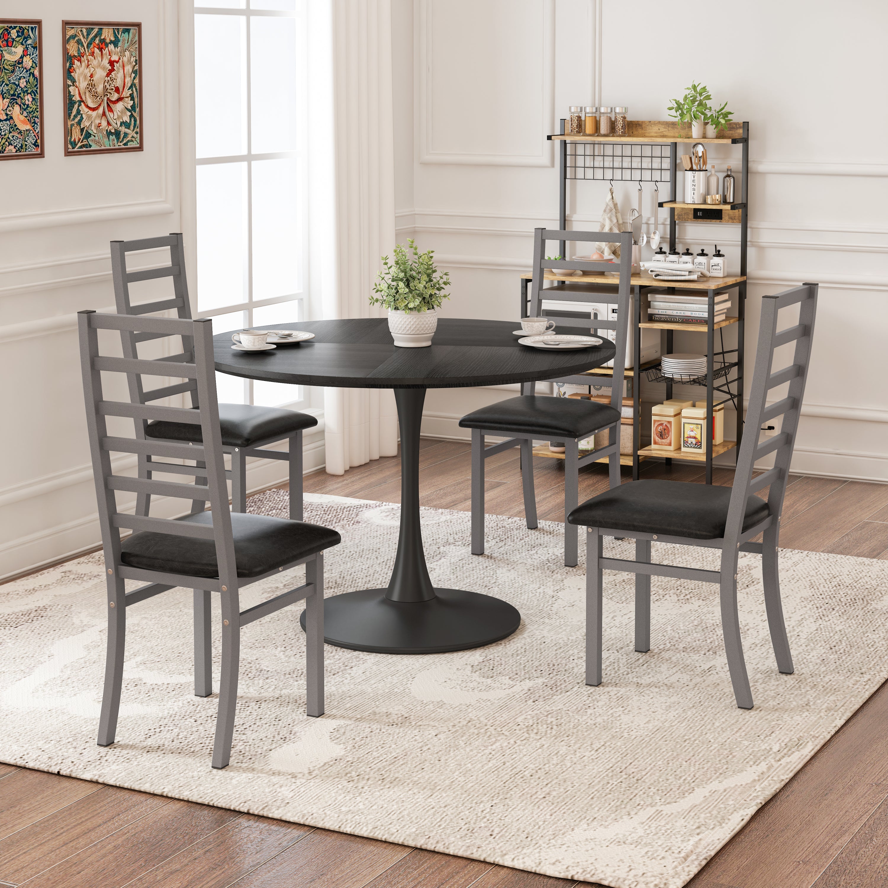 47 Inch Black Tulip Dining Table Set with 4 Gray Chairs - Compact 4-Person Kitchen Table for Small Spaces, Apartments & Coffee Shops - Modern Round Dining Room Furniture for Breakfast Nook & Bistro Settings