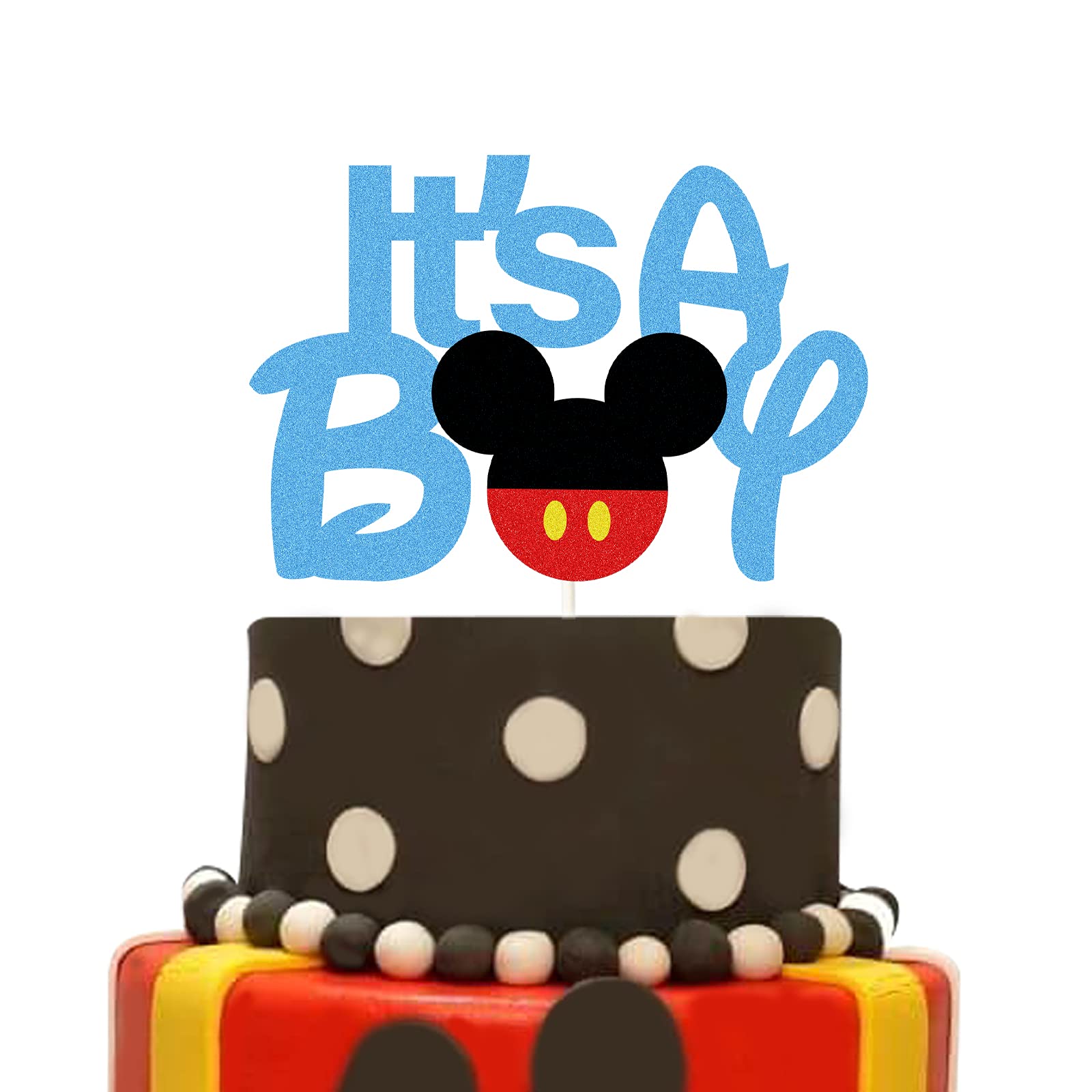 Black & Blue Glitter 'It's a Boy' Cake Topper - Mickey Mouse Theme Baby Shower Decoration for Little Boys - Cake Sign & Party Supplies - Perfect for Baby Showers, Gender Reveals & 1st Birthday Celebrations