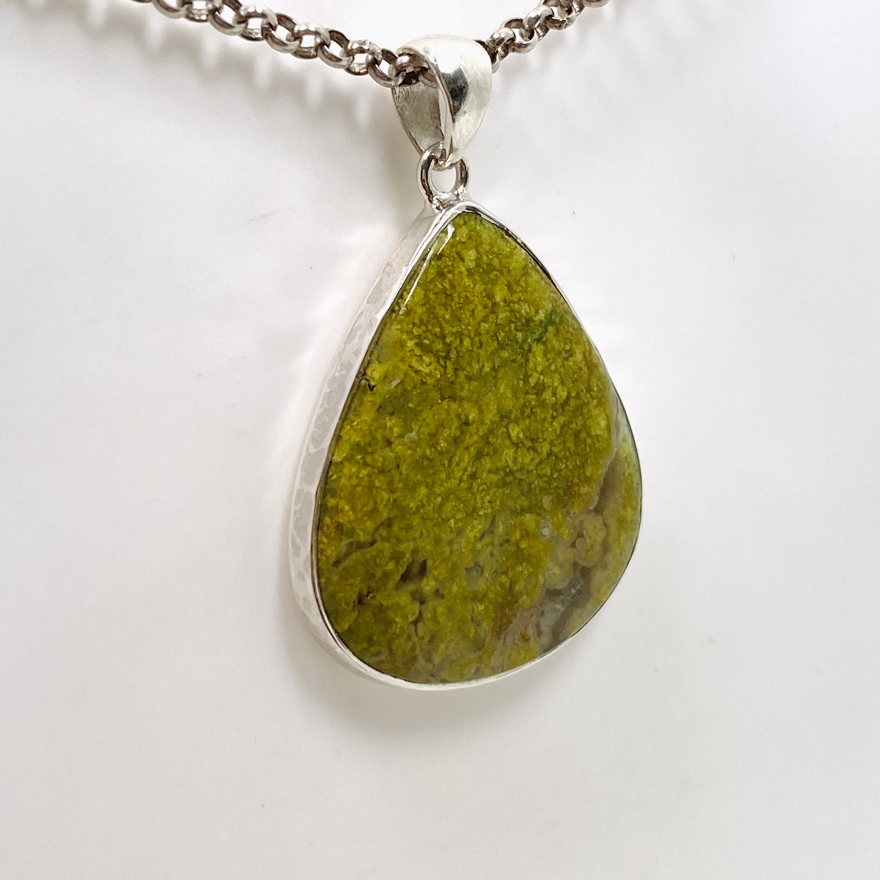 Natural Green Opal (Madagascar) Teardrop Cabochon Pendant Necklace - Handcrafted Hammered Sterling Silver Setting KPGJ4665 - Perfect for Boho Jewelry, Gift Giving & Special Occasions