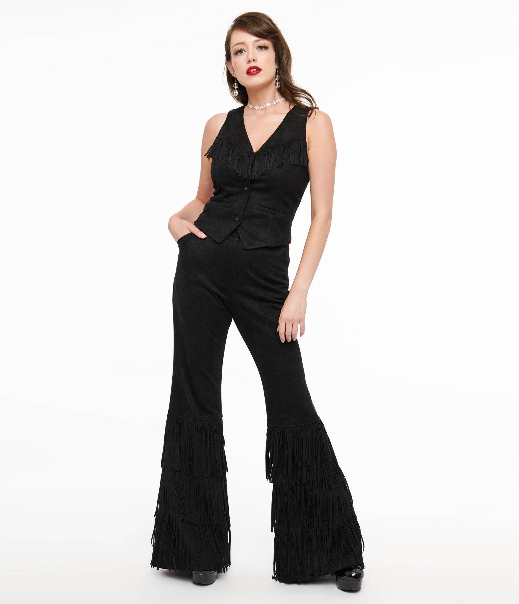Smak Parlour 1970s Vintage Black Suede High Waist Flare Pants with Tassel Details - Retro Boho Chic Pants for Women, Perfect for Music Festivals & 70s Theme Parties