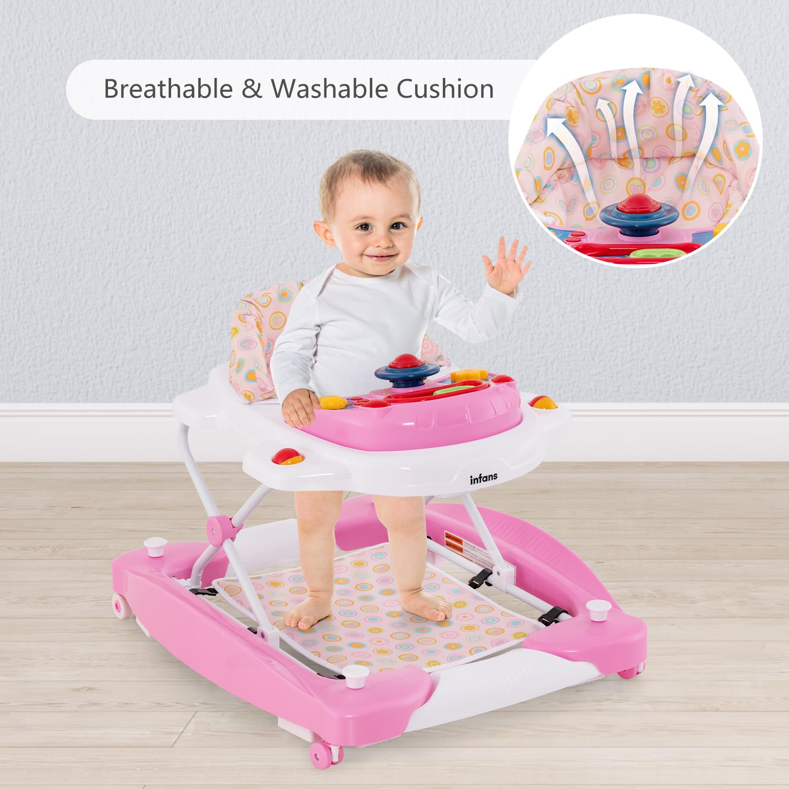 INFANS 5-in-1 Baby Walker for Toddlers - Adjustable Height Learning Walker with Removable Music Tray, Washable Seat Cushion & Foldable Design - Safe Rocker Bouncer Activity Center for Boys & Girls (Pink) - Perfect for Home Playtime & Early Childhood Development