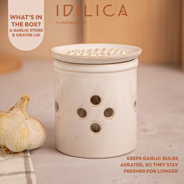 Idilica Stoneware Garlic Keeper with Grater Lid - Airtight Ceramic Garlic Storage Container for Freshness - Perfect for Kitchen Countertop, Pantry Organization & Cooking Essentials (Cream)