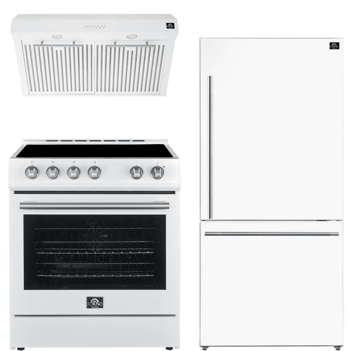 Forno Espresso 30-Inch Electric Range, Range Hood & Refrigerator Set - Stainless Steel, White or Black - Perfect for Modern Kitchens & Home Renovations