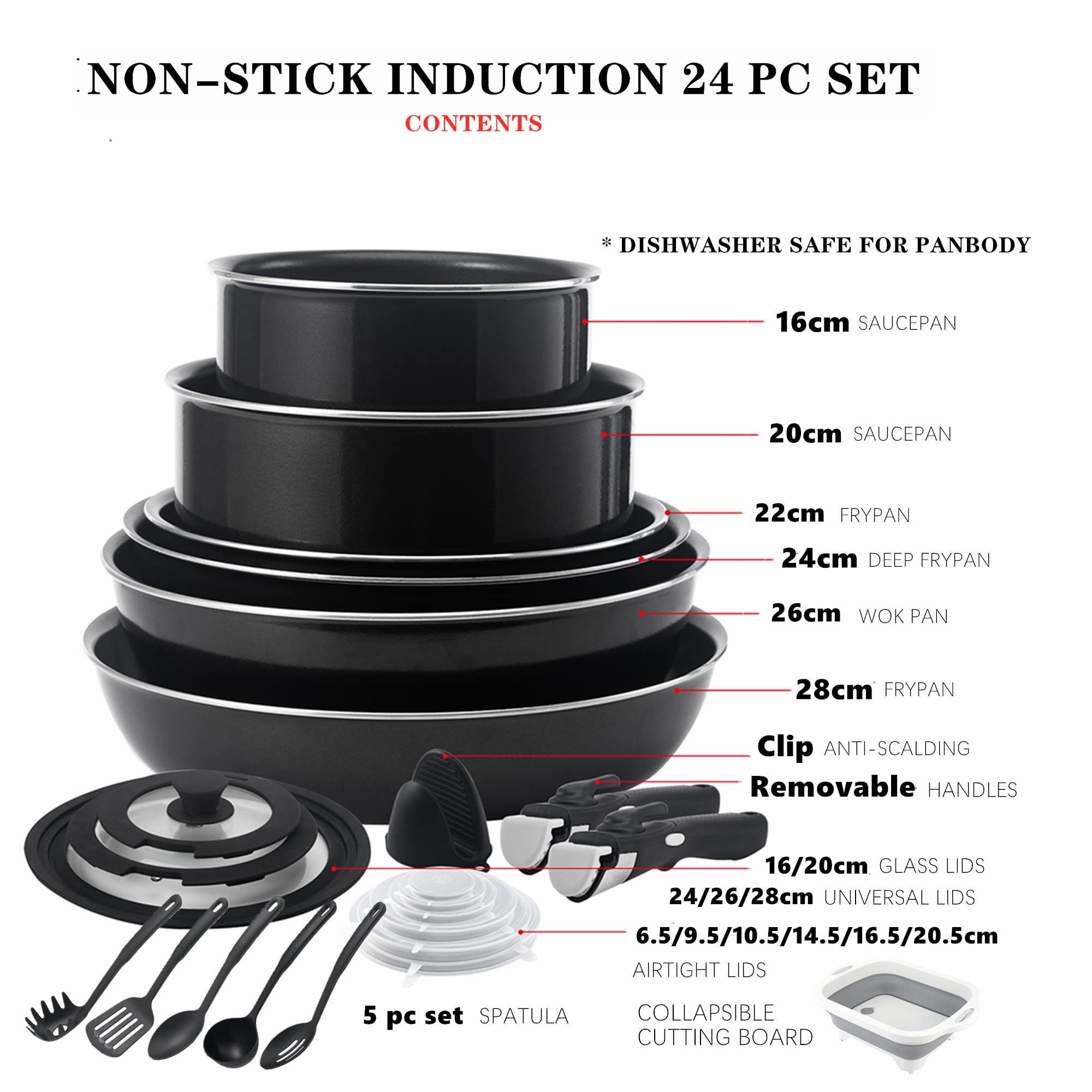 24-Piece Non-Stick Cookware Set with Removable Handles - Stackable Pots and Pans for Camping, RV & Home Use - Includes Foldable Dishes, Collapsible Cutting Board - Induction & Dishwasher Safe - Perfect for Outdoor Adventures, Tiny Homes & Compact Kitchens