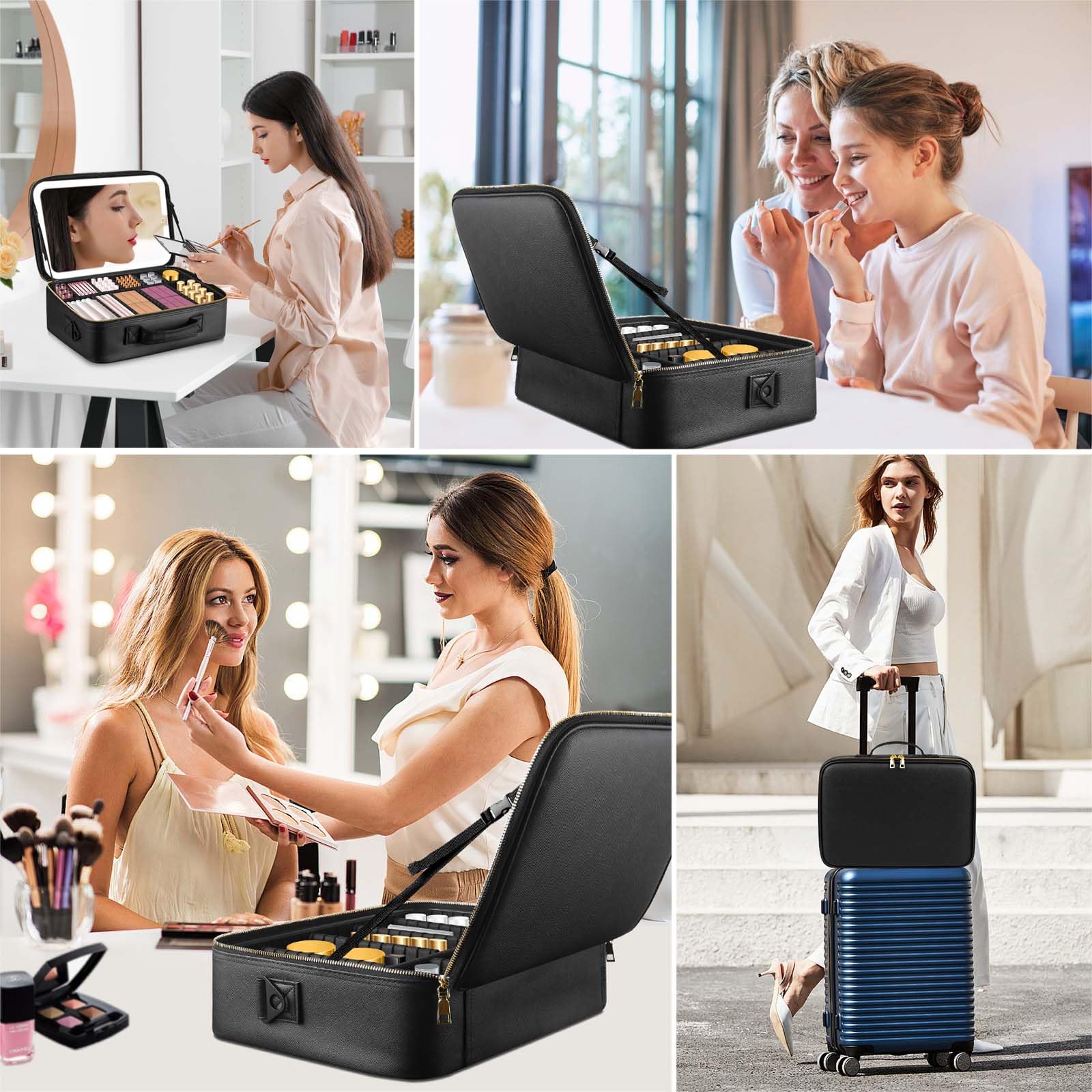 Large Travel Makeup Bag with LED Mirror - 3-Color Adjustable Dimming, Detachable Stand Mirror, Adjustable Dividers & Brush Holder | Perfect for Travel, Home Vanity & Professional Makeup Artists (Black)