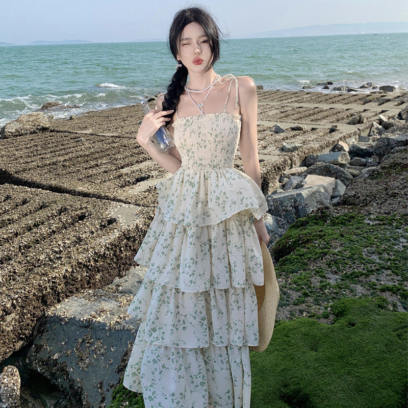 Floral Summer Dress with Ruffles - Thin Shoulder Strap Midi Skirt for Women - Perfect for Beach Vacations, Garden Parties & Date Nights