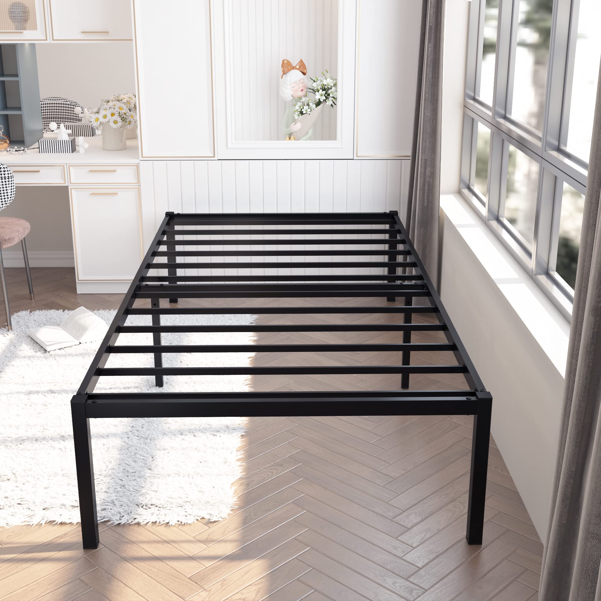 Weehom 16 Inch Twin Metal Bed Frame - Heavy Duty Steel Platform with Slat Support, No Box Spring Needed, Under Bed Storage Space, Easy Assembly, Black - Perfect for Kids Rooms, Guest Beds & Small Spaces