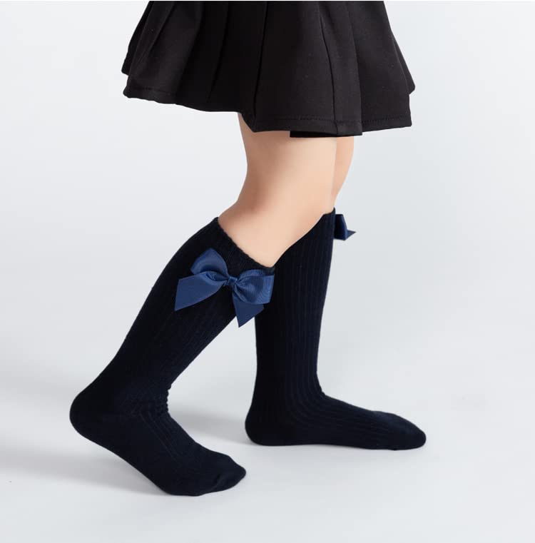 Little Girls' Knee High Socks with Bow Stitching - 6 Pack Cotton Dress & Casual Long Stockings for School, Party, and Everyday Wear (6 Colors)