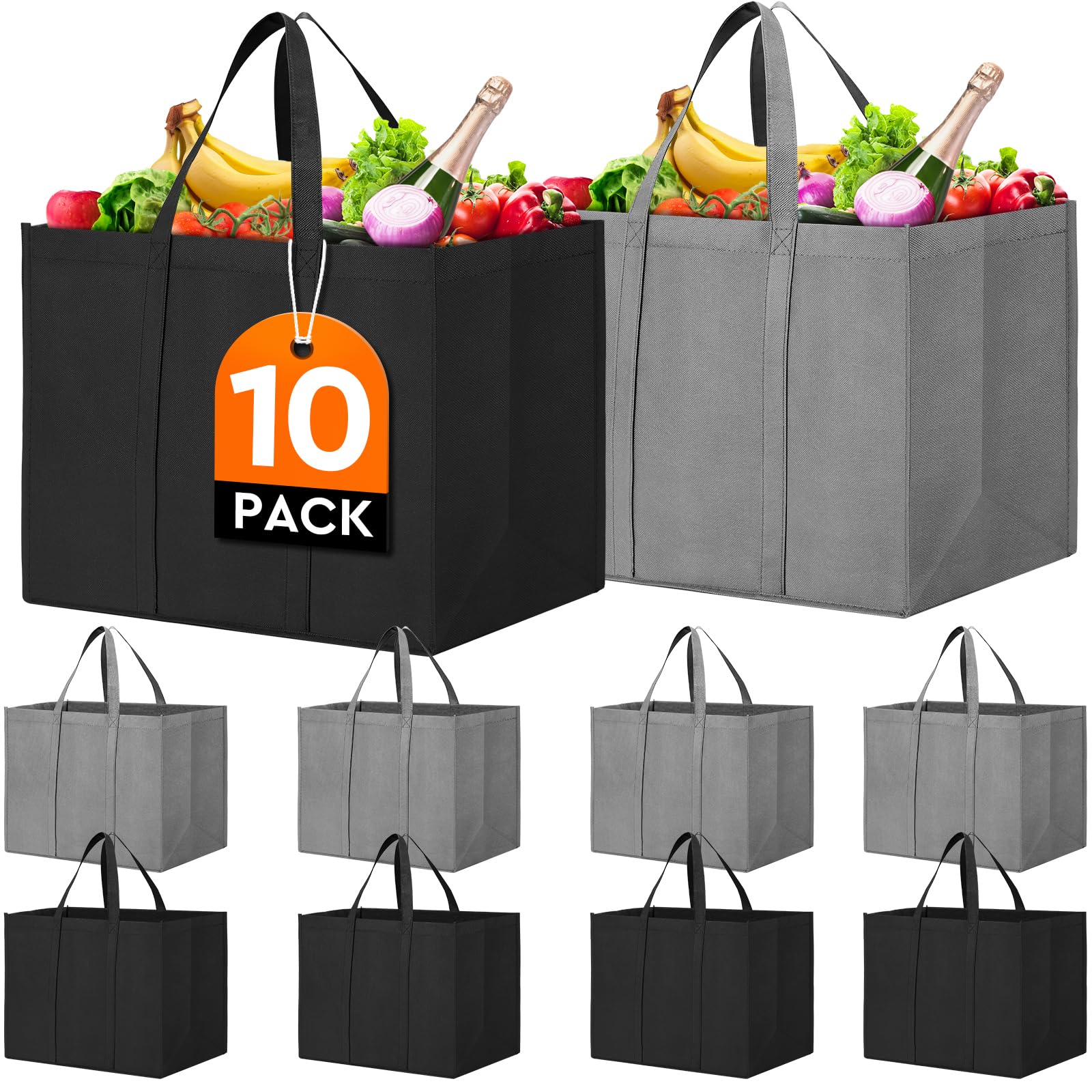 WISELIFE 10 Pack Large Reusable Grocery Shopping Bags - Foldable Eco-Friendly Tote Bags with Long Handles for Groceries, Clothes & Produce (Grey & Black) | Perfect for Grocery Shopping, Farmers Markets & Travel