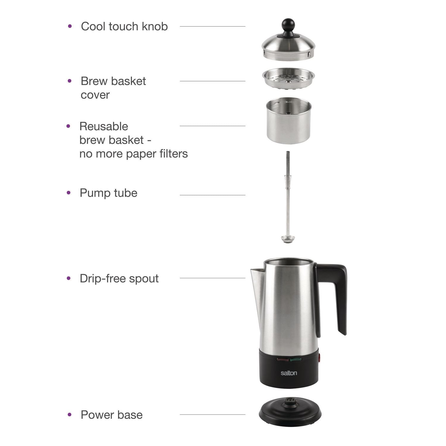 SALTON 10 Cup Stainless Steel Coffee Percolator - Classic Stovetop Brewer for Camping, Home & Office Use - Model CU1777