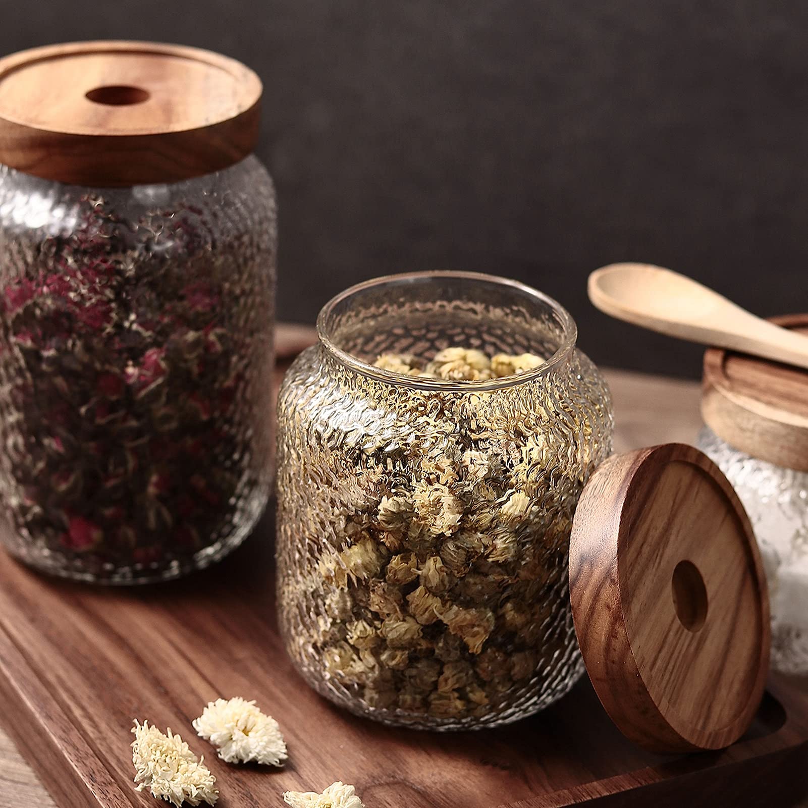 Premium Glass Jar Set with Airtight Wooden Lid - 20oz Wide Mouth Storage Canisters for Coffee Beans, Snacks, Nuts, Salt & Honey - Perfect for Kitchen Pantry Organization & Coffee Bar Display (20x12x12cm)