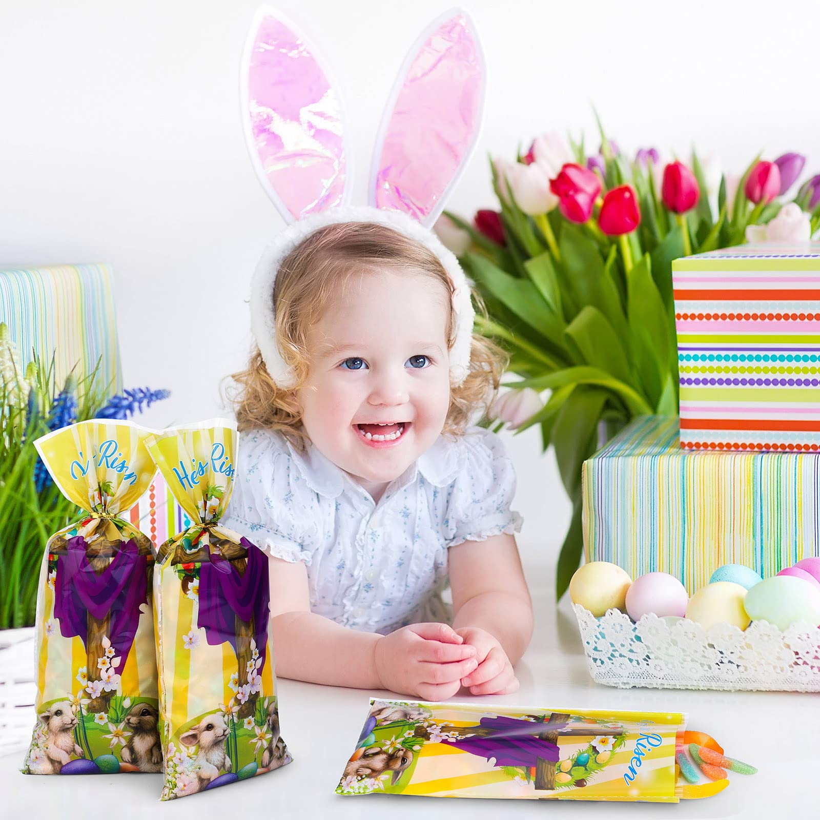 Fovths 100 Pack Clear Plastic Easter Treat Bags with Gold Twist Ties - He is Risen Cellophane Candy Bags for Easter Party Favors, Bible School Events & Egg Hunt Treats - Perfect for Church Celebrations, Sunday School Gifts & Spring Festival Goodie Bags