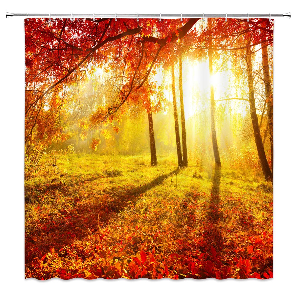 Fall Forest Shower Curtain - Autumn Maple Leaves Landscape with Sunshine, Seasonal Nature Scenery Polyester Bathroom Decor with Hooks (Yellow Orange) - Perfect for Cozy Fall Bathroom Decorations