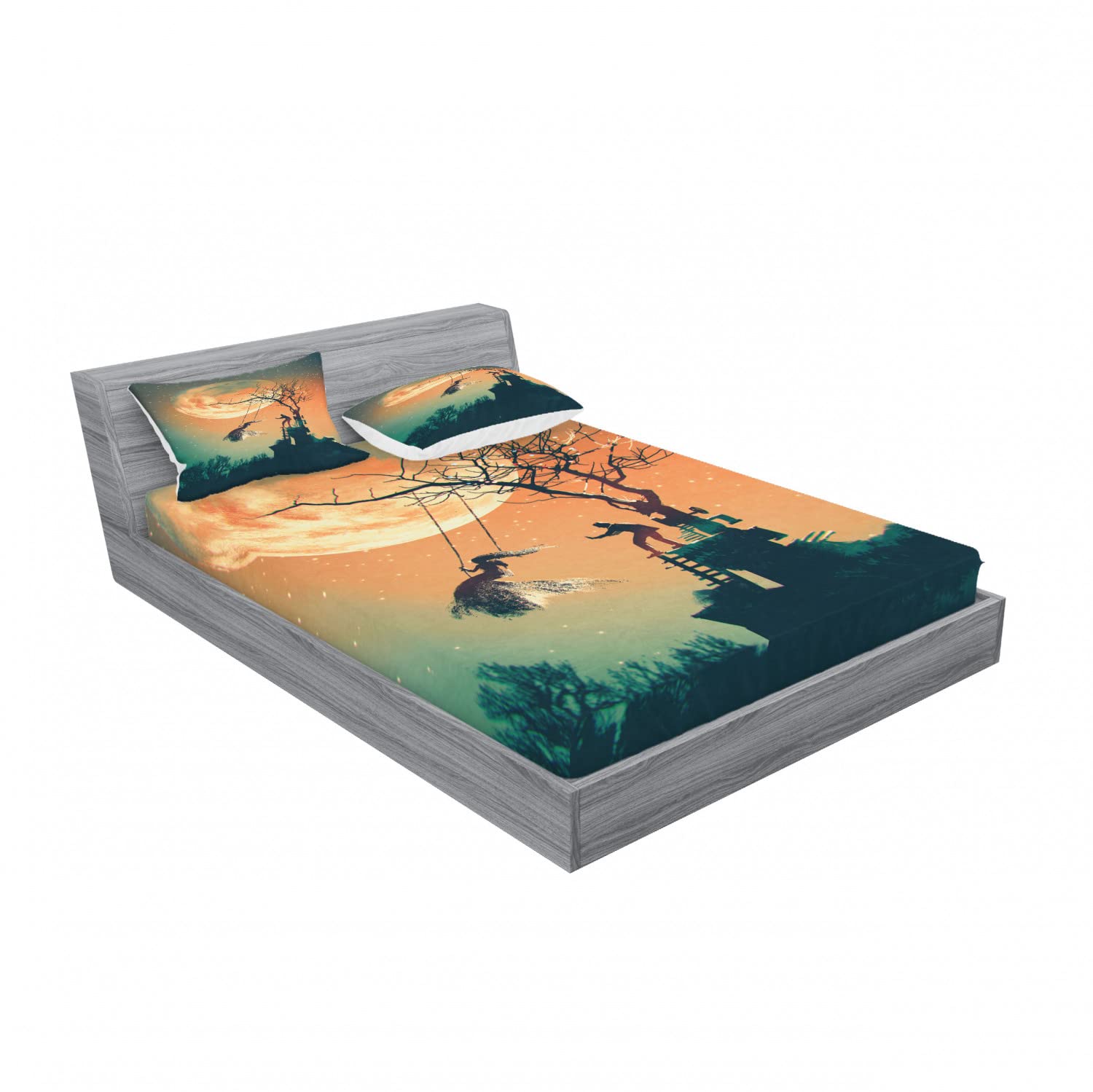Ambesonne Halloween 2-Piece Queen Size Bedding Set - Zombie Bride & Groom Themed Fitted Sheet & Pillow Sham (4-Piece Set in Orange & Teal) | Spooky Bedroom Decor for Halloween Parties & Themed Rooms