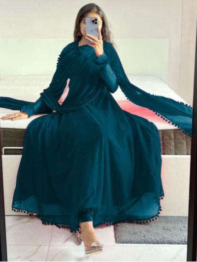 Elegant Teal Blue Georgette Anarkali Dupatta Set of 2 - Premium Indian Ethnic Wear for Women | Perfect for Weddings, Parties & Festive Occasions