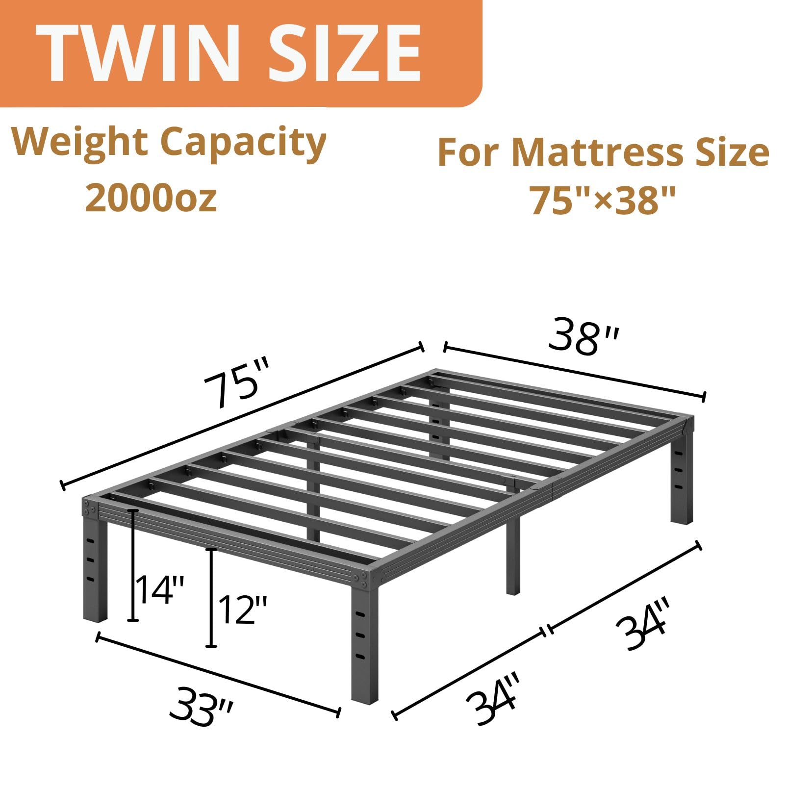 ZIYOO Twin Bed Frame with Heavy Duty Steel Slats - 14 Inch Platform Bed Frame, No Box Spring Needed, Noise Free & Easy Assembly - Under Bed Storage Space, Non-Slip Design, Black - Perfect for Kids Rooms, Guest Rooms & Small Spaces