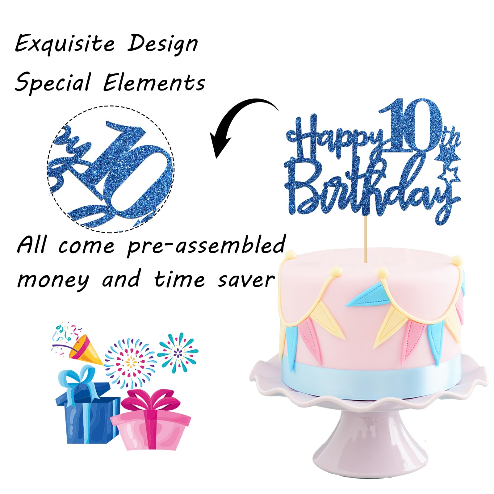 Royal Blue Glitter Happy 10th Birthday Cake Topper - 10 Sign Cake Decoration for Anniversary Party - Cheers to 10 Years Celebration Supplies - Perfect for Birthday Cakes, Cupcakes and Dessert Tables