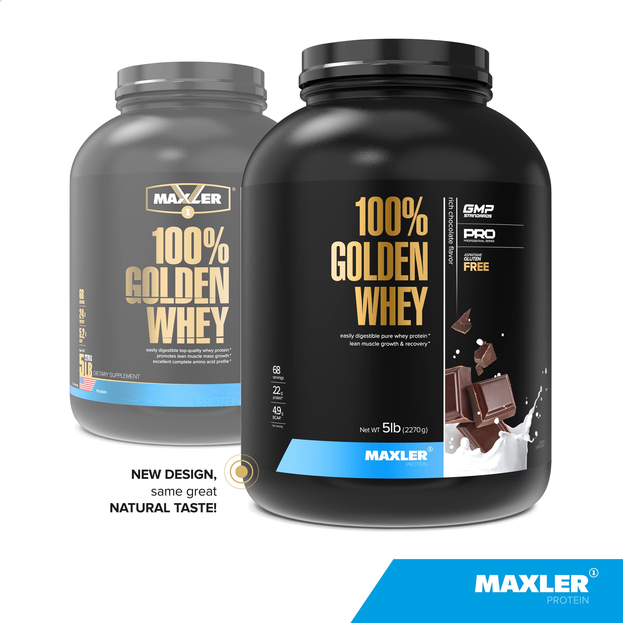 Maxler 100% Golden Whey Protein Powder - 22g Protein per Serving, Low Fat & Low Carb with Complete Amino Acid Profile - Rich Chocolate Flavor, 5 lbs for Post-Workout Recovery & Muscle Building