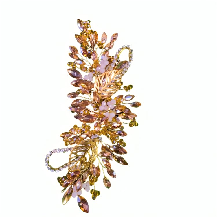 Handmade Crystal & Pearl Gold Leaf Bridal Hairpiece - Rhinestone Wedding Hair Accessories for Bride & Bridesmaids | Perfect for Wedding Reception & Special Occasions (Gold)