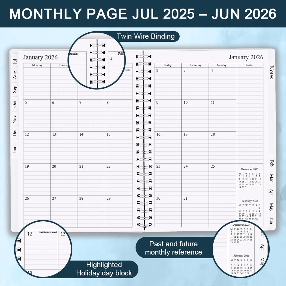 2025-2026 A5 Weekly & Monthly Planner with Tabs - July 2025 to June 2026 Academic Diary - Twin-Wire Binding, 14.8x21cm - Perfect for Students, Professionals & Home Organization
