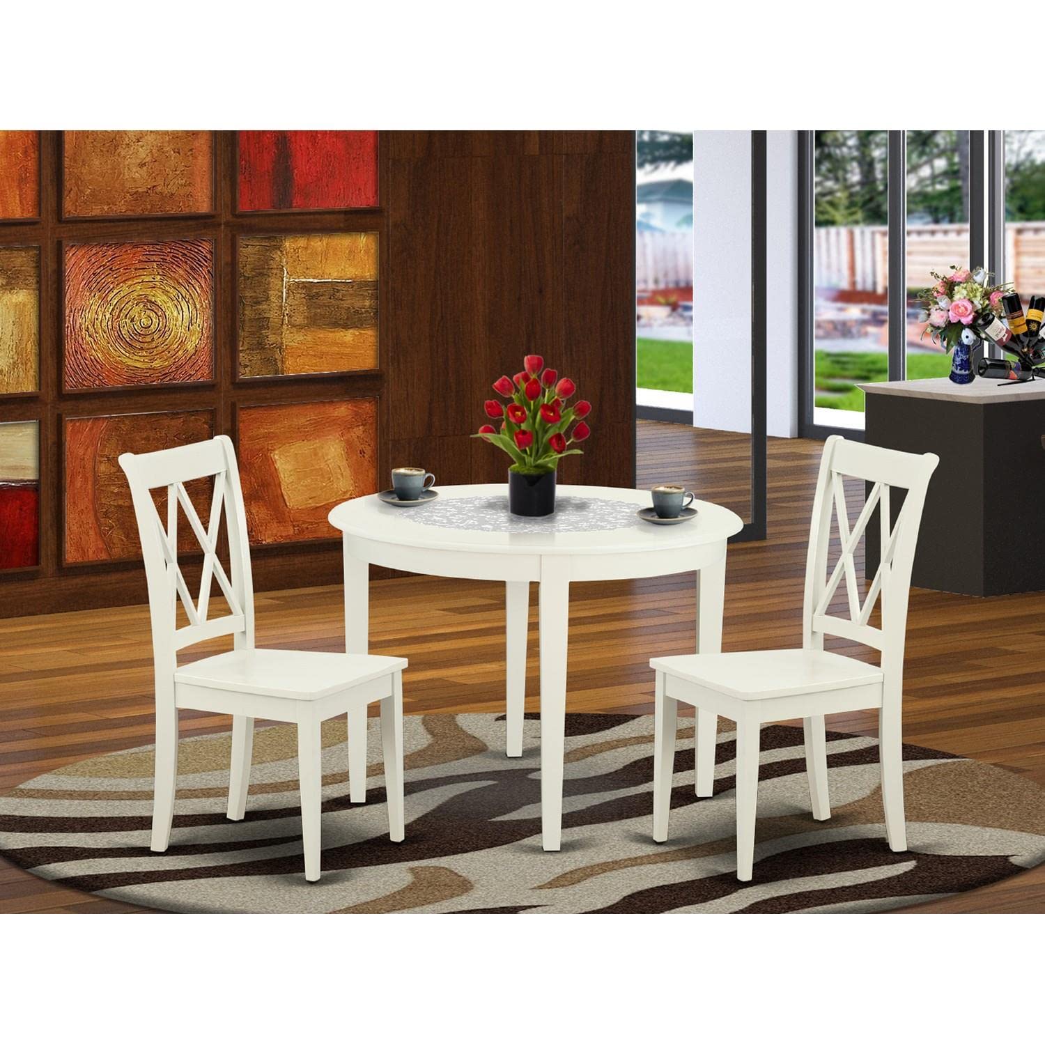 East West Furniture BOCL3-LWH-W 3-Piece Round Dining Table Set with 2 Wooden Chairs, 42x42 Inch, Linen White - Perfect for Small Spaces, Breakfast Nooks & Cozy Kitchen Dining Areas