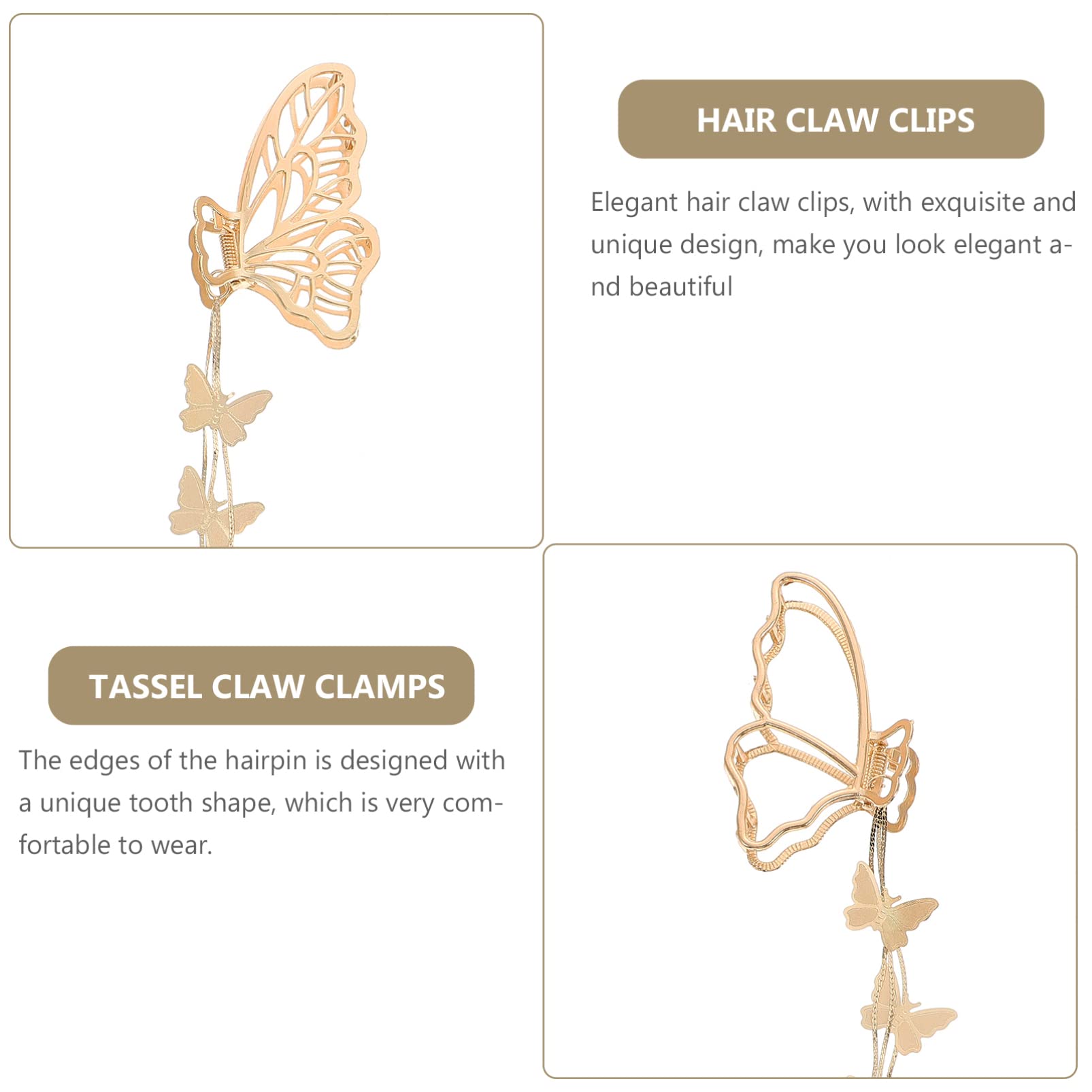 4pcs Butterfly Pendant Hair Clips for Women - Gold Metal Hair Claw Clips with Non-Slip Grip, Alloy Hair Accessories for Party, Wedding, and Everyday Use