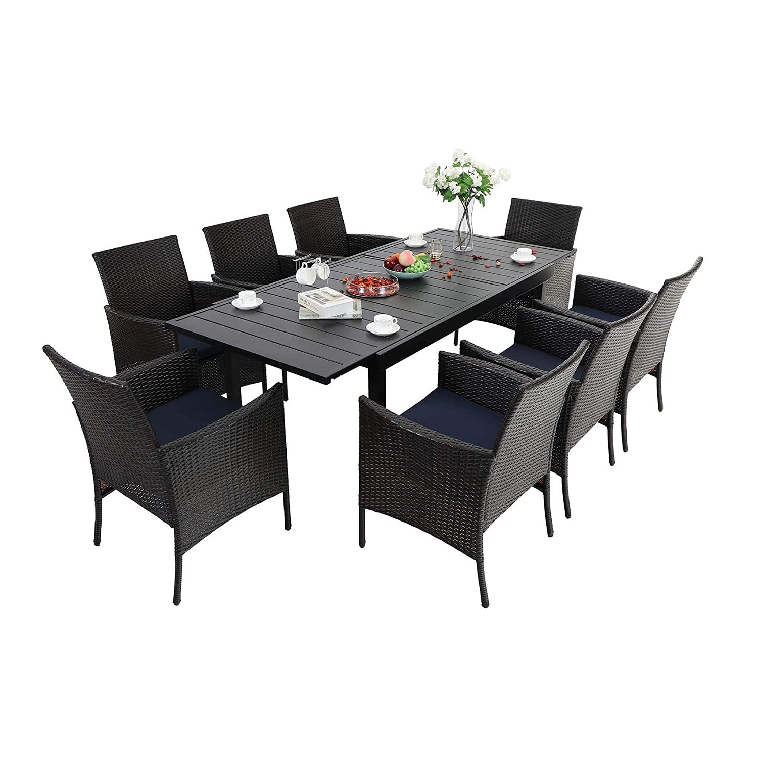 PHI VILLA 4-Piece Rattan Wicker Dining Set with Cushioned Chairs & Extendable Table - Outdoor Patio Furniture for Garden, Poolside, and Backyard Dining