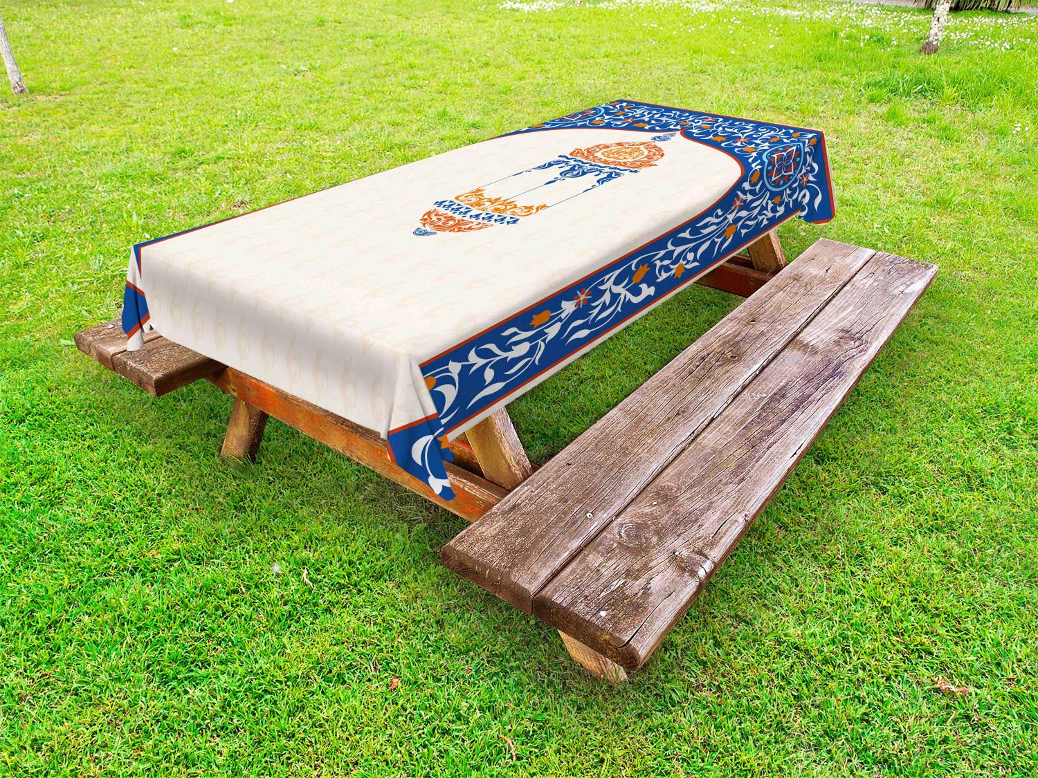Ambesonne Ethnic Outdoor Tablecloth - Vintage Oriental Folk Art Print, Washable Picnic Table Cover 58