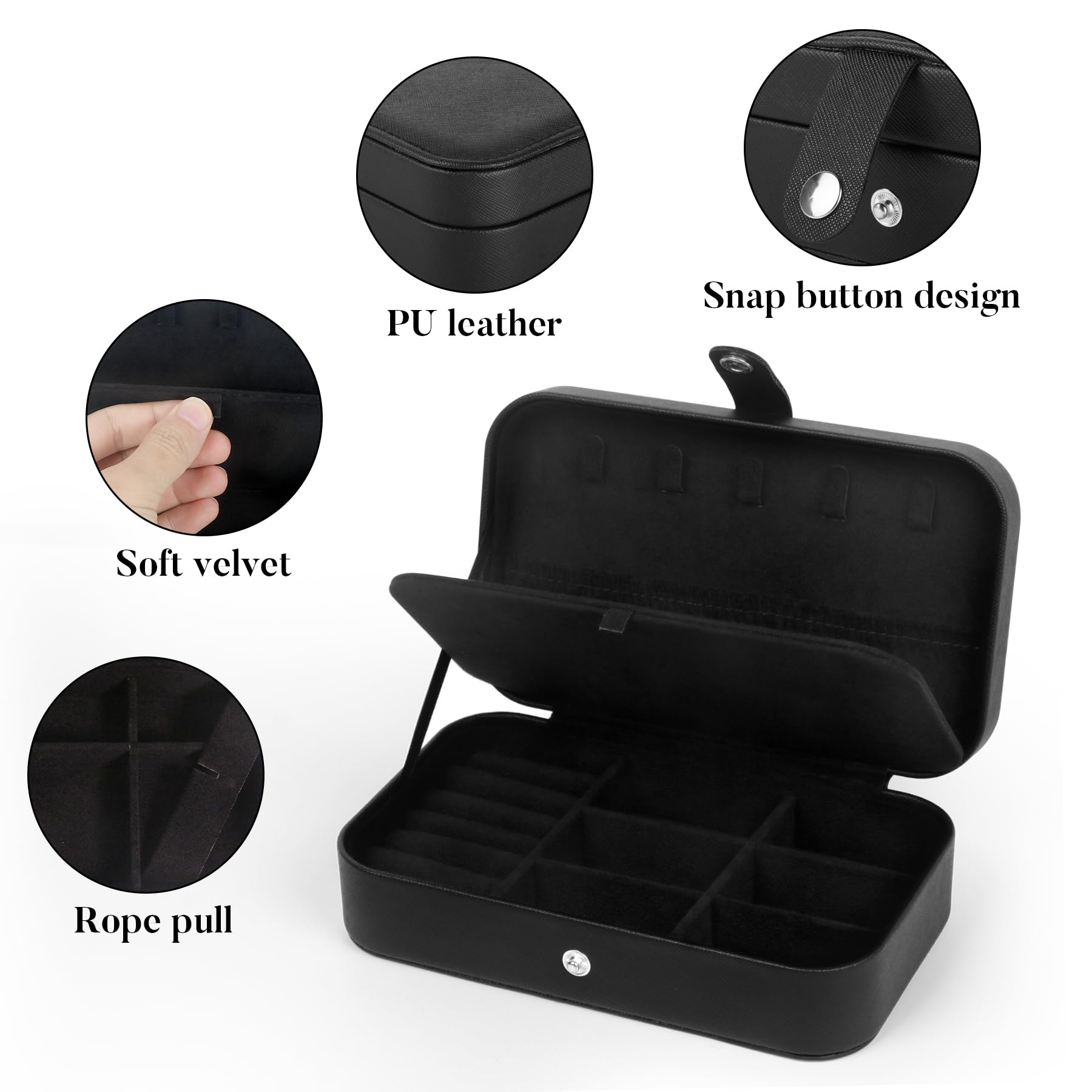 Upgraded PU Leather Travel Jewelry Box for Women - Portable Jewelry Organizer with Storage for Necklaces, Rings, Earrings & Bracelets | Perfect for Vacation, Business Trips & Daily Use - Black