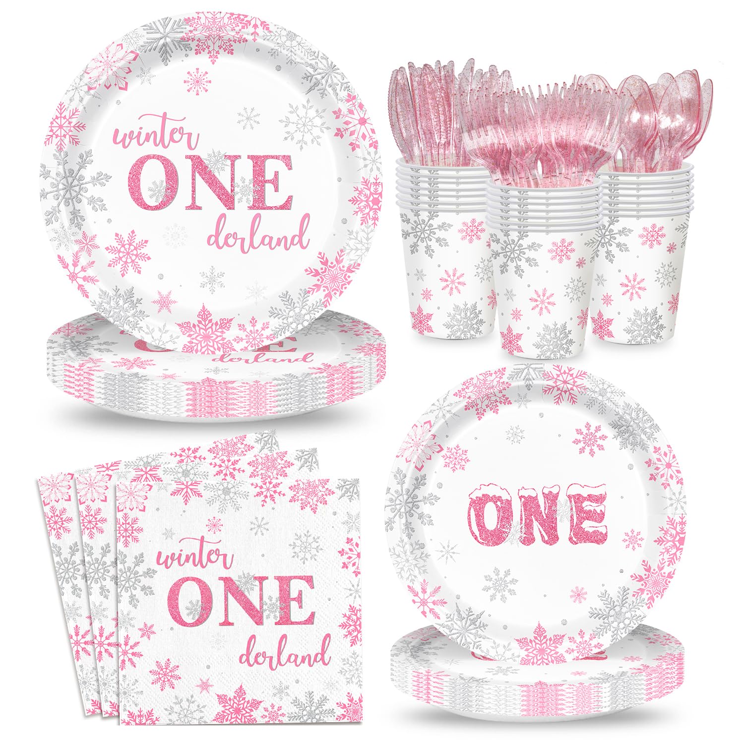 168-Piece Winter Onederland Party Supplies Set - Pink & Silver Snowflake Disposable Tableware (Plates, Napkins, Paper Cups) for 1st Birthday Party - Serves 24 Guests - Perfect for Girls' Birthday Celebrations, Baby Showers & Winter-Themed Events