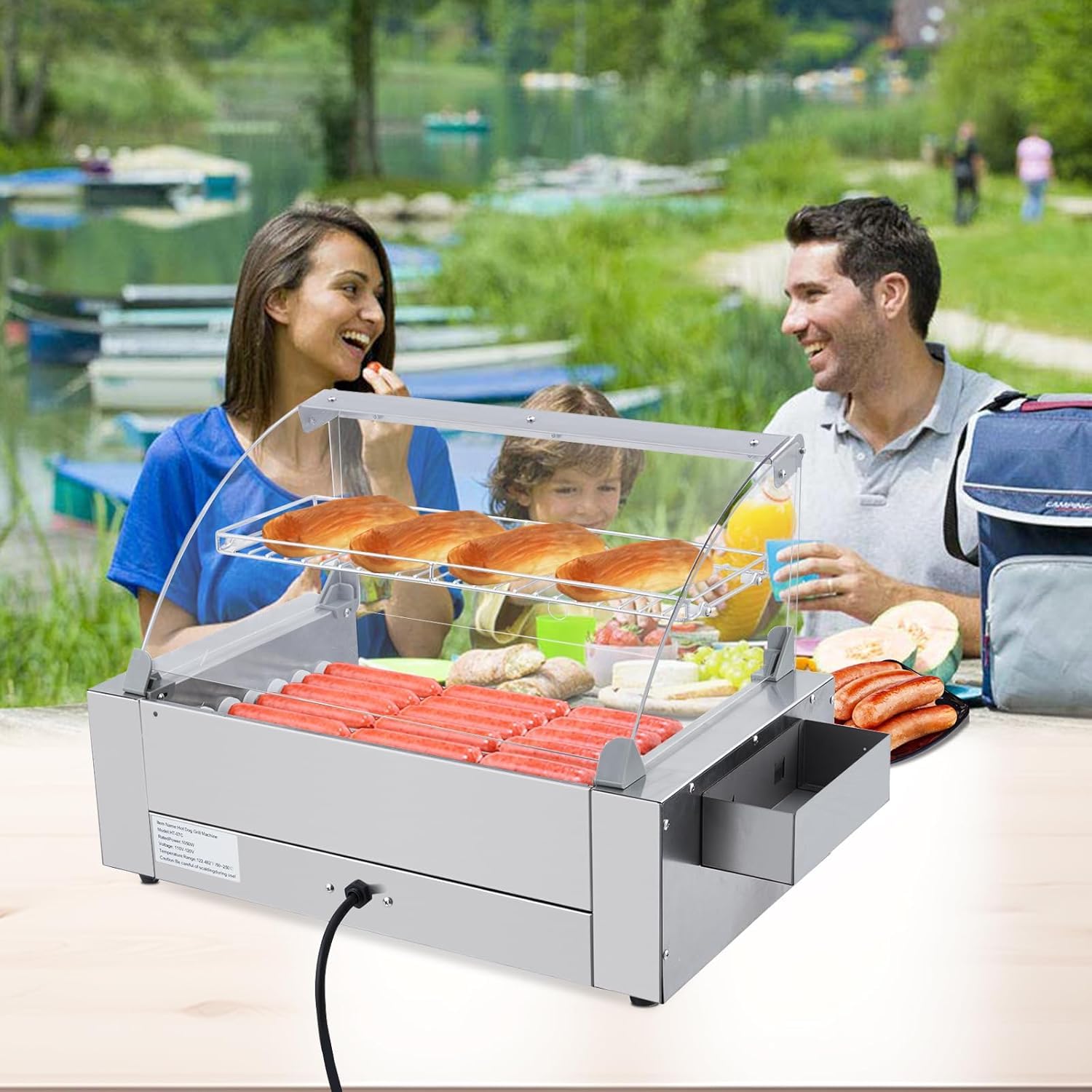 Commercial Hot Dog Roller Machine - 12 Hot Dogs Capacity, 5 Rollers with Dual Temperature Control, LED Light & Removable Stainless Steel Drip Tray - Perfect for Restaurants, Food Trucks, Parties, and Outdoor Events