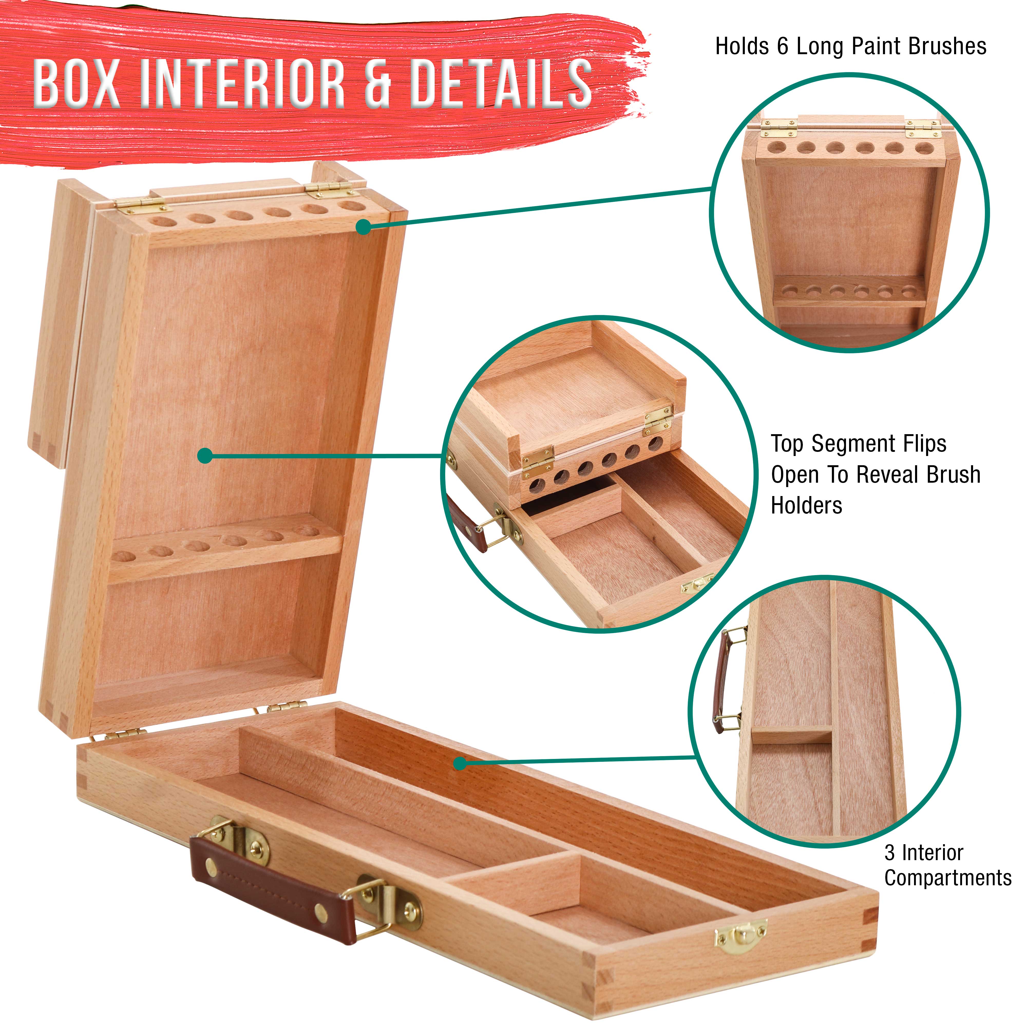 Multi-Function Unfinished Beechwood Flip-Open Artist Storage Box with Locking Clasps - Organize & Protect Pencils, Brushes, Erasers & Art Supplies - Perfect for Artists, Students & Crafters at Home, Studio or Travel