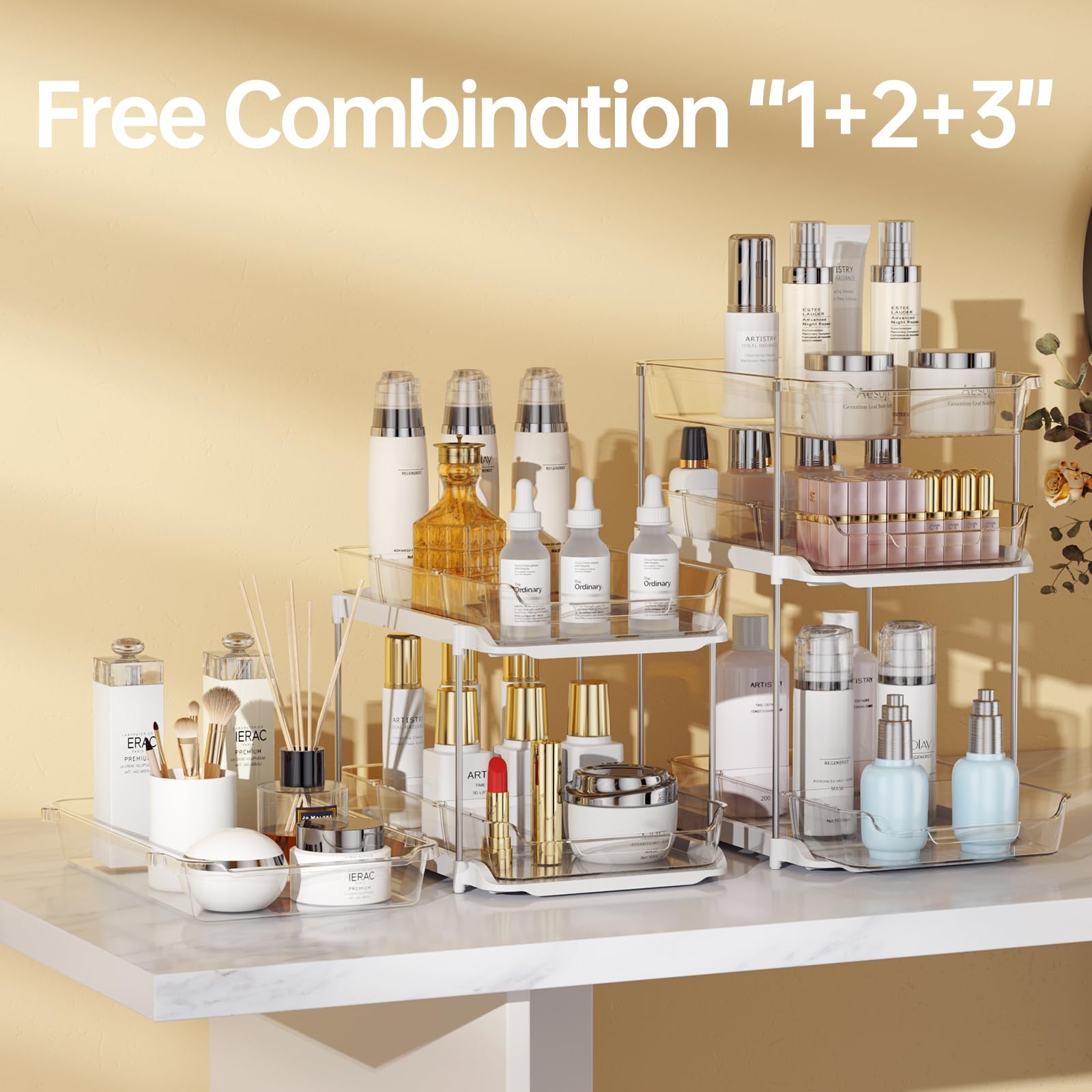 Delamu 2-Pack 3-Tier Under Sink Organizer Set - Stackable Bathroom & Kitchen Storage with Adjustable Dividers - Clear Pull-Out Cabinet Organizer for Pantry, Bathroom & Closet Organization (Perfect for Small Spaces & Home Organization)